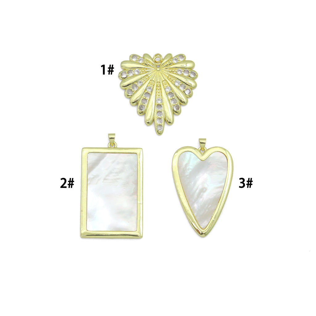 Large Mopther of Pearl Heart Rectangle Shape Charm Pendant, CZ Leaf pendant, Sku#LK1286