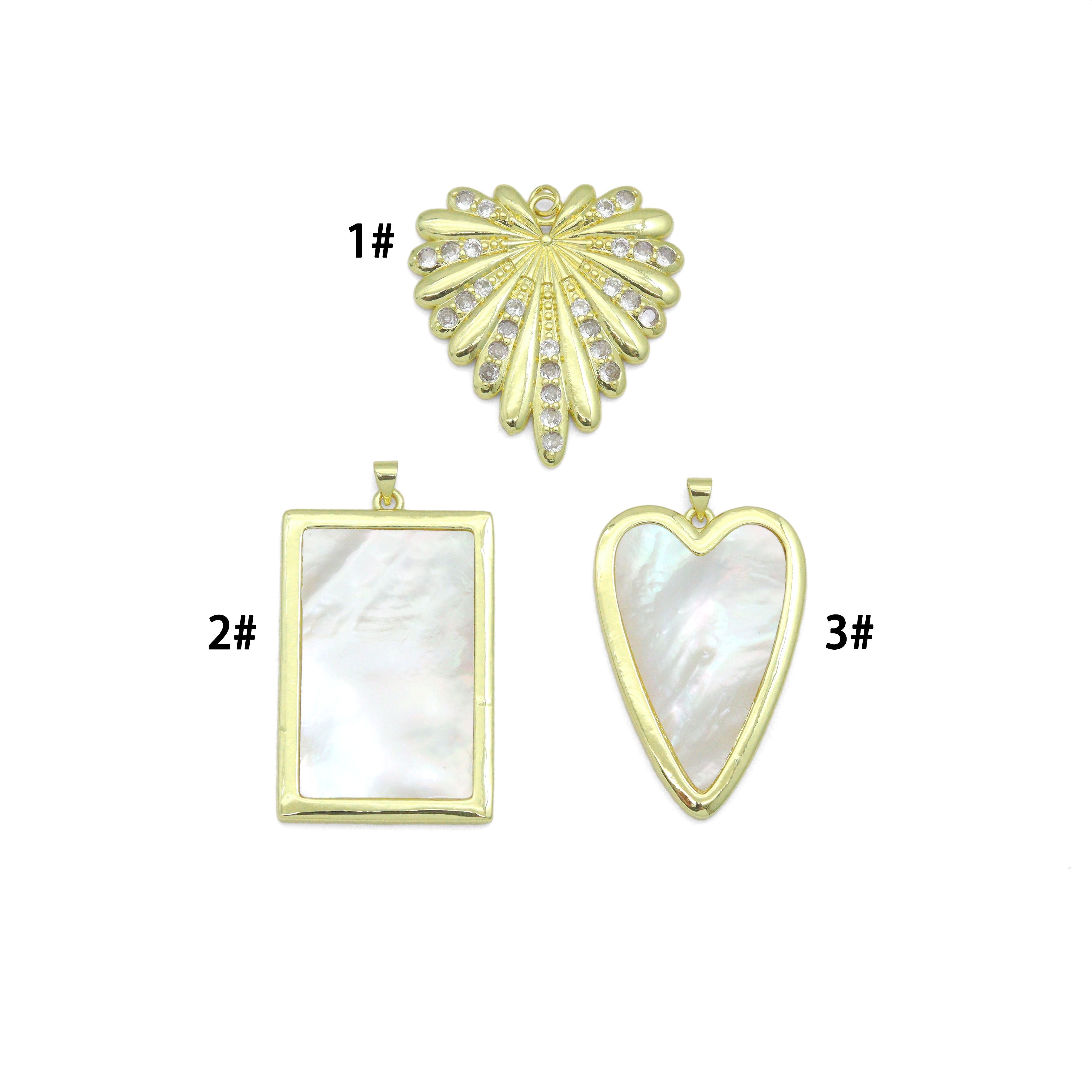 Large Mopther of Pearl Heart Rectangle Shape Charm Pendant, CZ Leaf pendant, Sku#LK1286