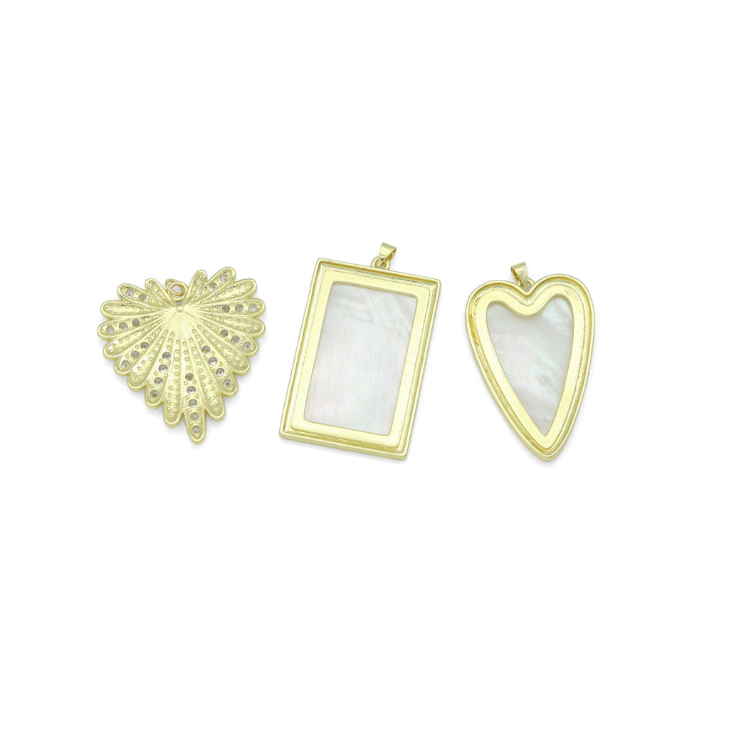 Large Mopther of Pearl Heart Rectangle Shape Charm Pendant, CZ Leaf pendant, Sku#LK1286