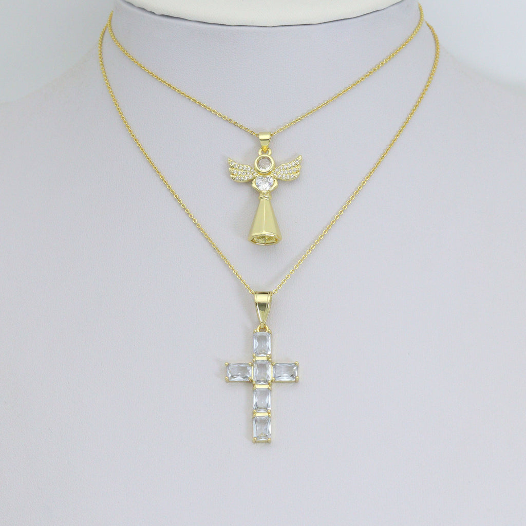 Clear CZ Cross Angel With Swings Charm Pendant, Sku#LK1294