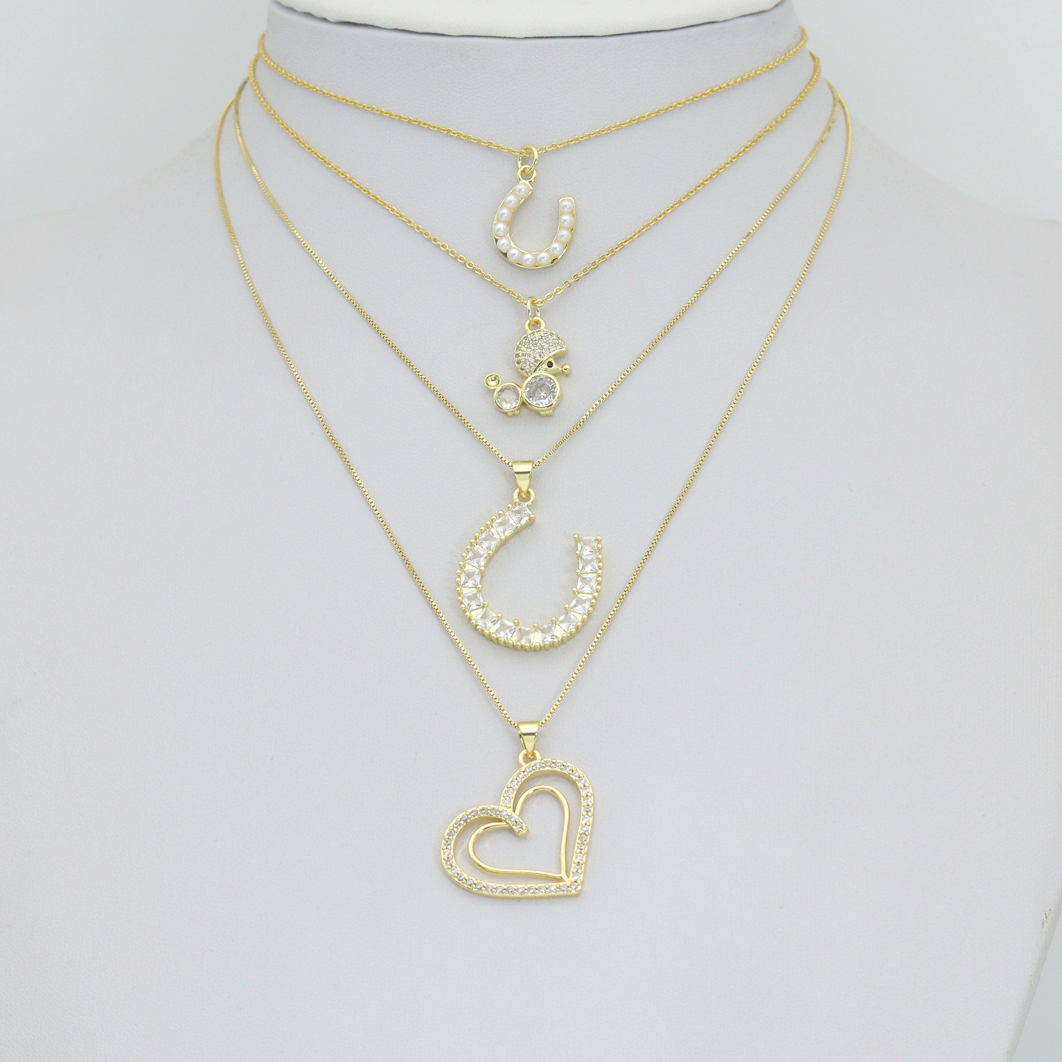 Gold Baguette CZ Horseshoe, Pearl Horseshoe, Double Heart, Mouse Charm Pendant, Sku#LK1295