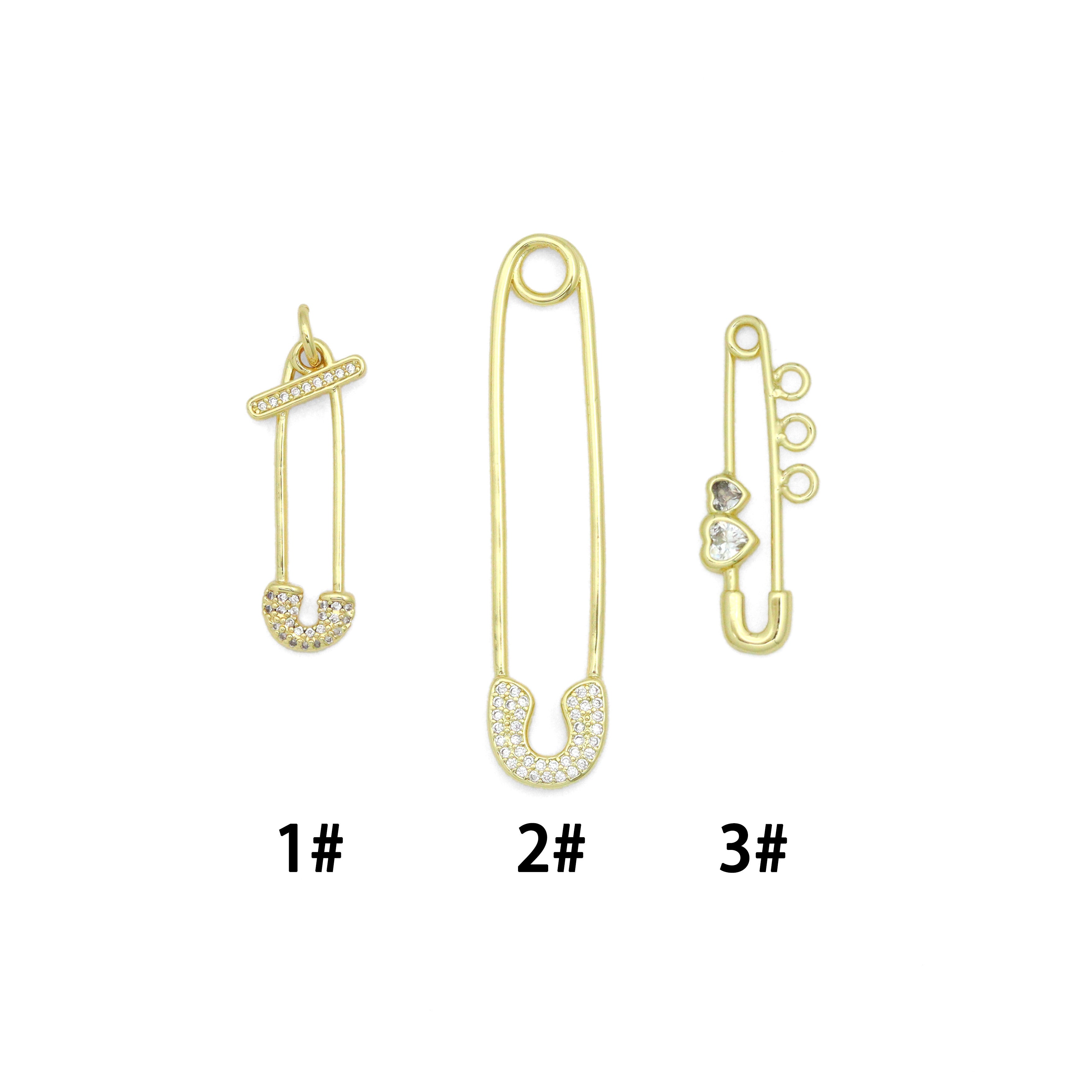 Clear CZ Safety Pin Shape Charm Pendant, Sku#LK1296
