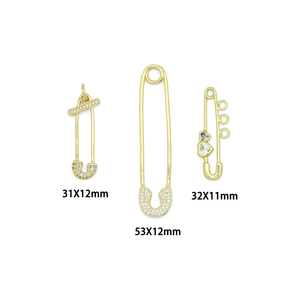 Clear CZ Safety Pin Shape Charm Pendant, Sku#LK1296