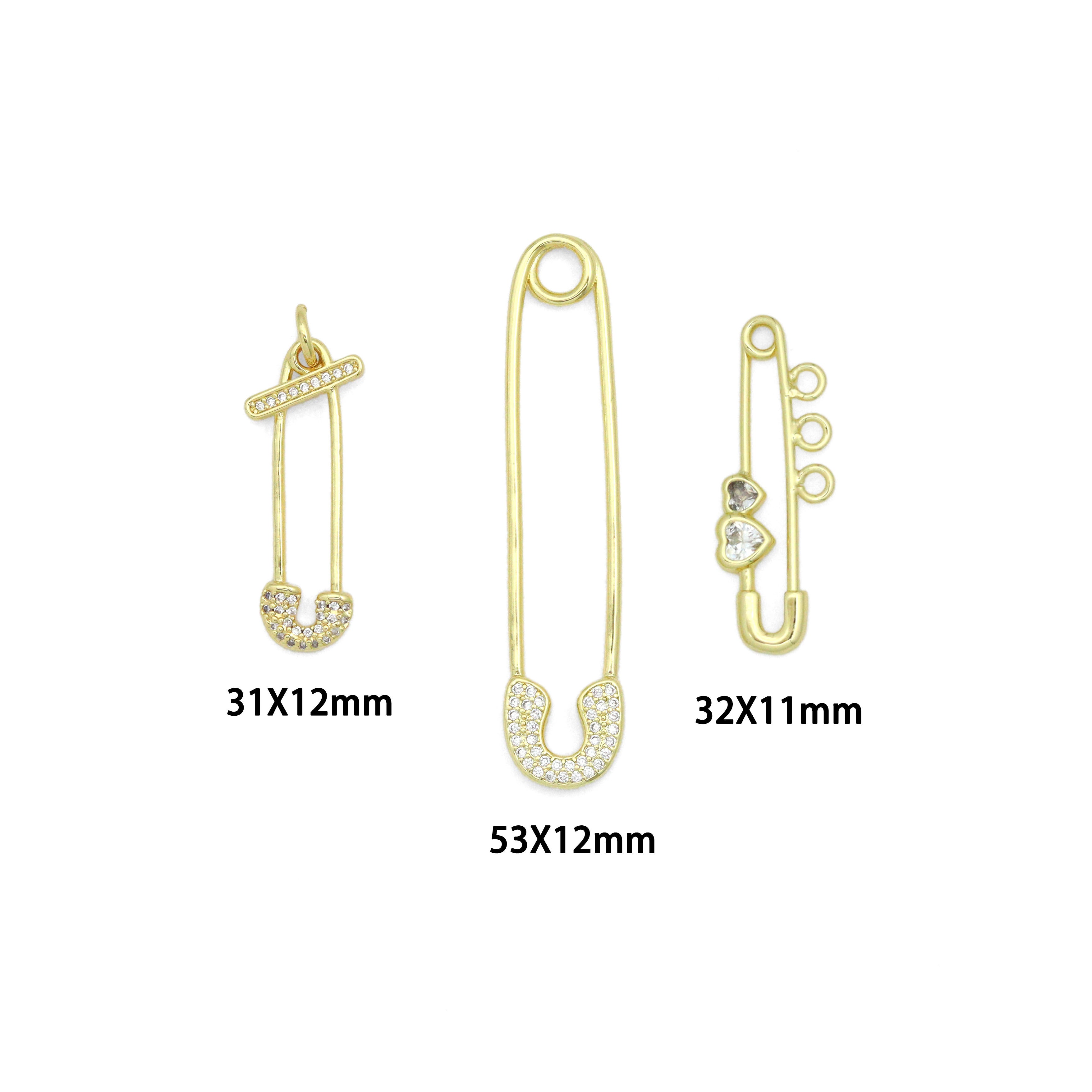 Clear CZ Safety Pin Shape Charm Pendant, Sku#LK1296