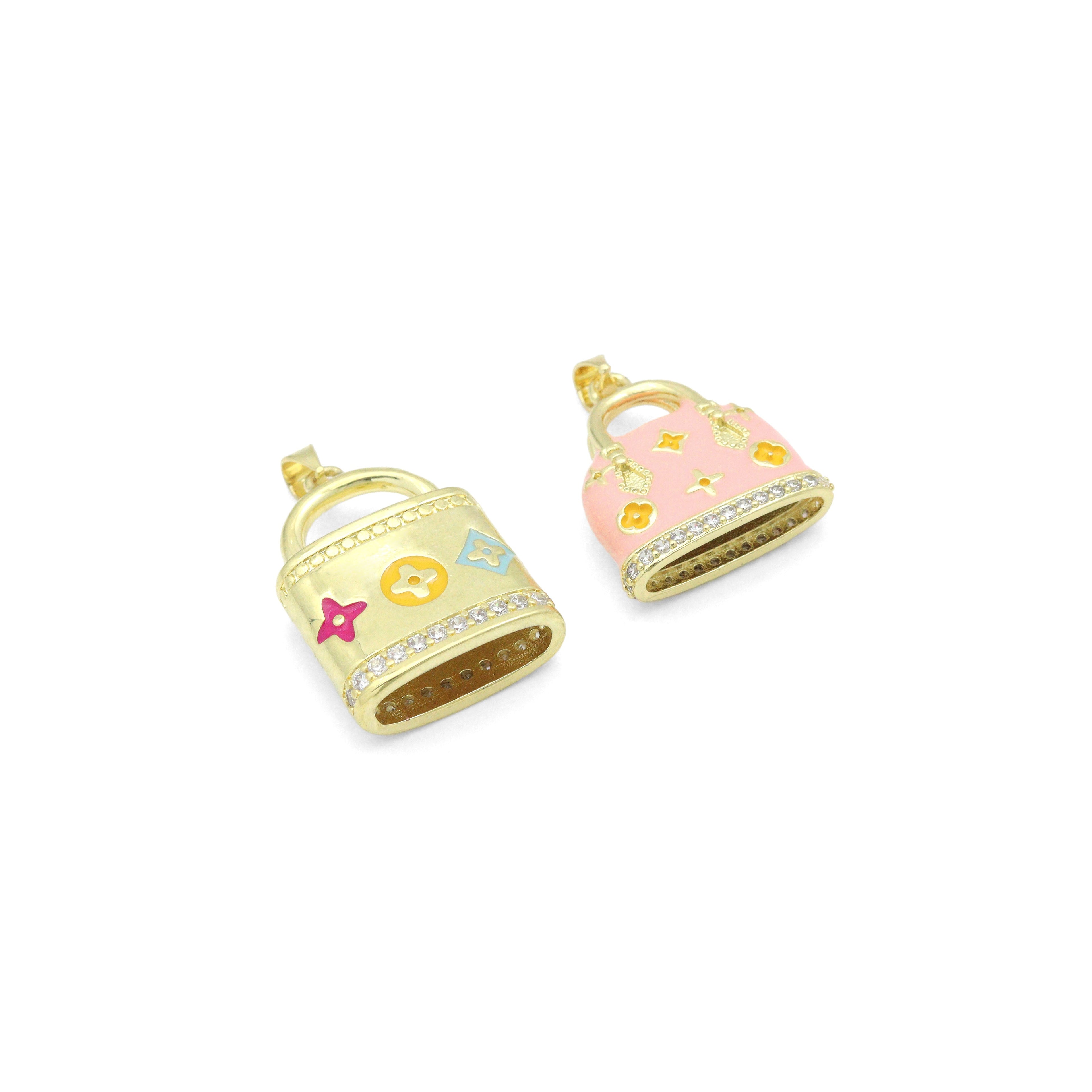 Gold Clear CZ flower Bag Purse Charm Pendant, Sku#LK1299