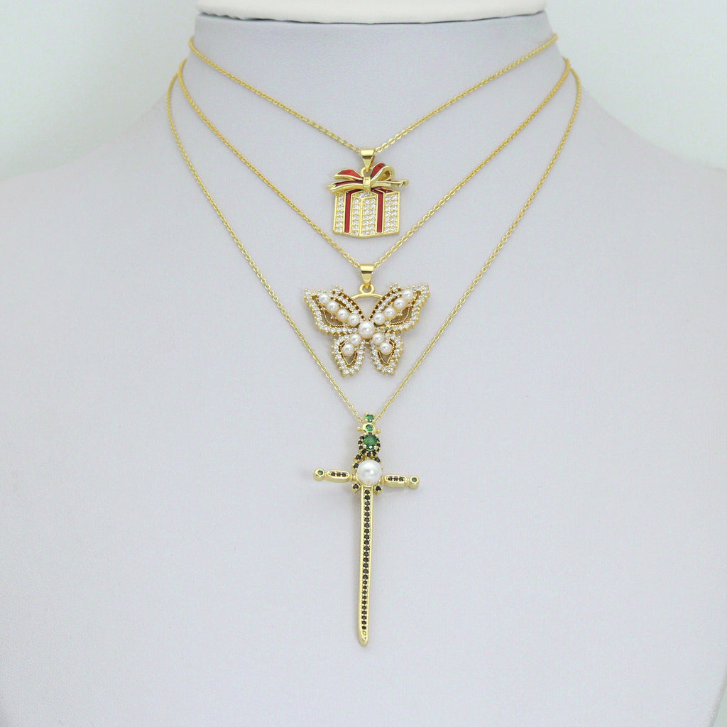 CZ Cross Gift Box Butterfly Charm Pendant, Sku#LK1301