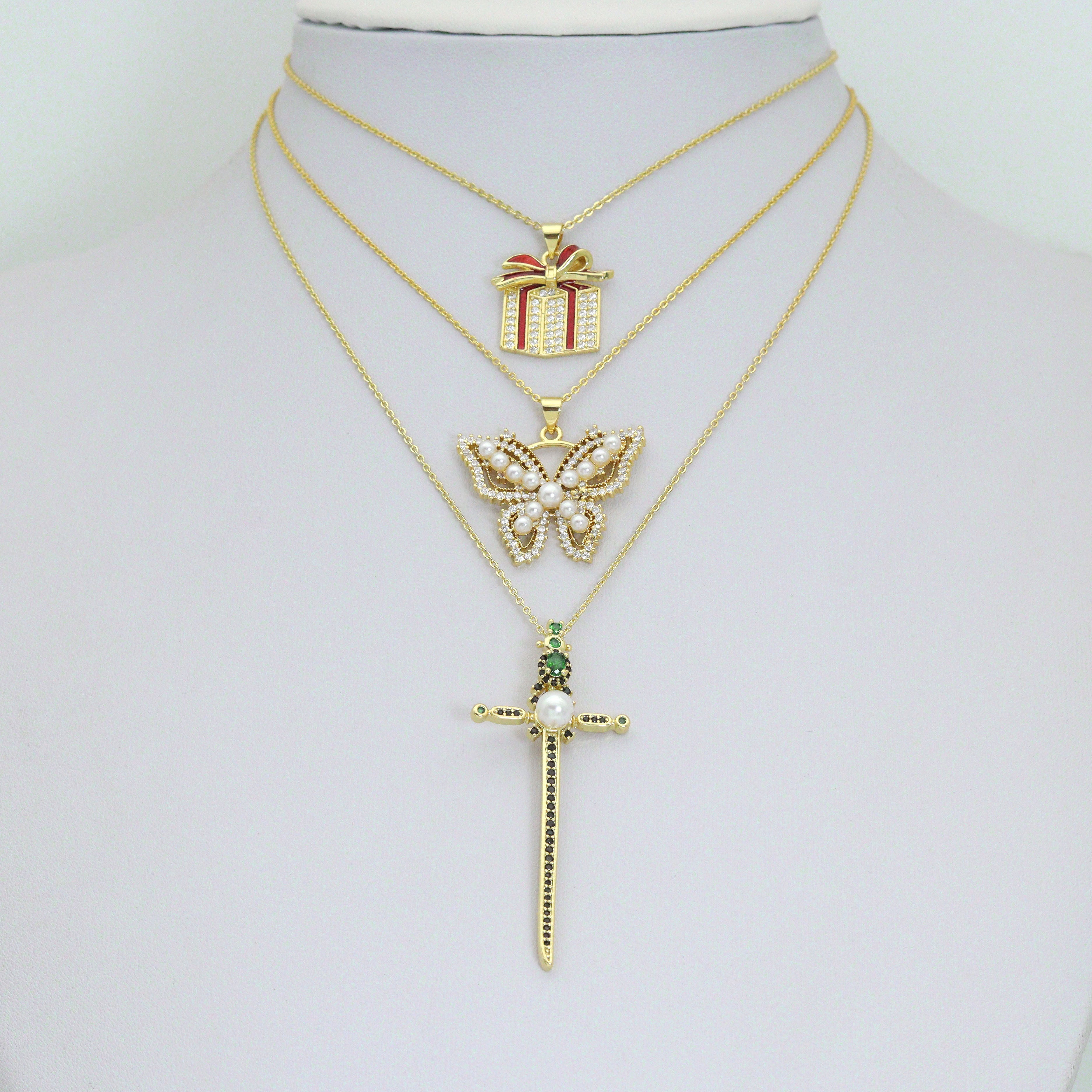 CZ Cross Gift Box Butterfly Charm Pendant, Sku#LK1301