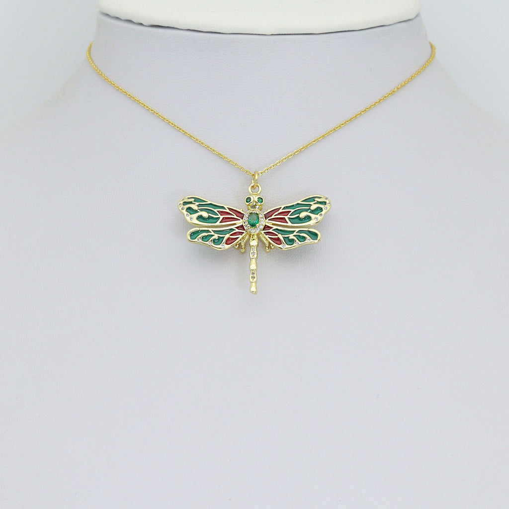 Colorful Enamel Dragonfly Shape Pendant,18K Gold Filled Fuchsia CZ Micro Pave Dragonfly Charm, Necklace Bracelet Charm Pendant, Sku#LK573