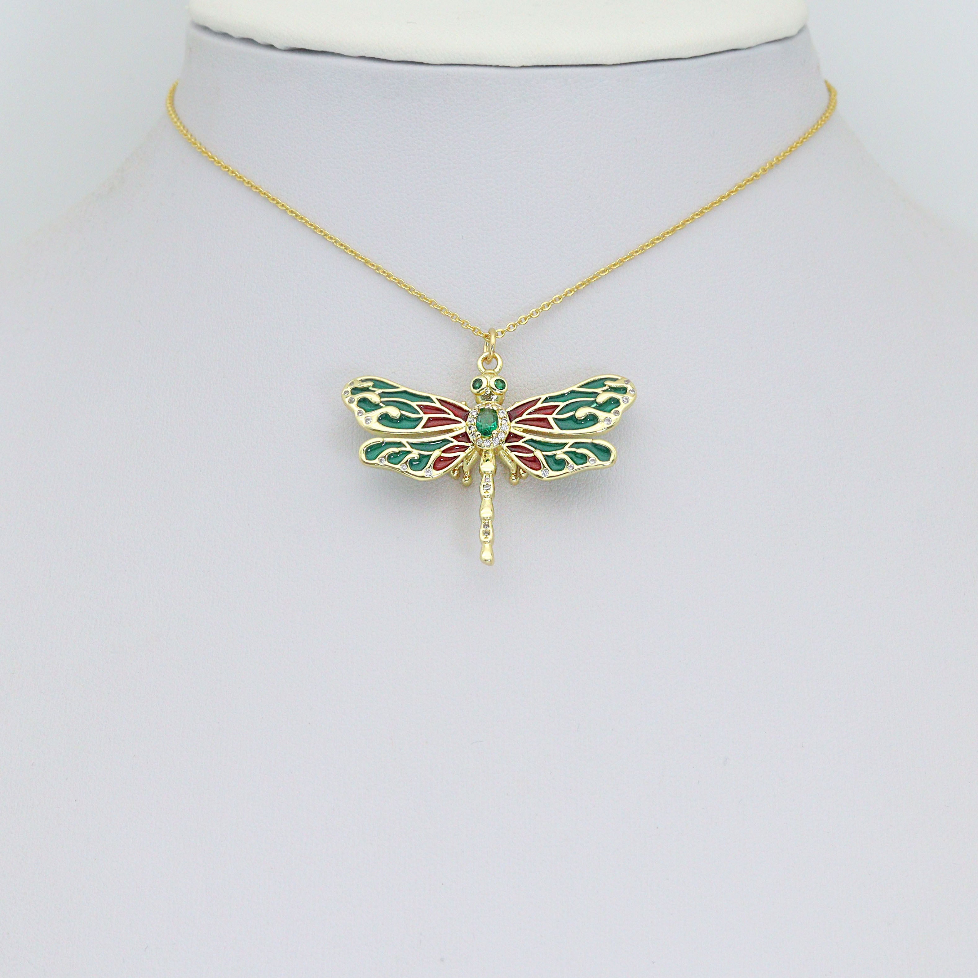Colorful Enamel Dragonfly Shape Pendant,18K Gold Filled Fuchsia CZ Micro Pave Dragonfly Charm, Necklace Bracelet Charm Pendant, Sku#LK573