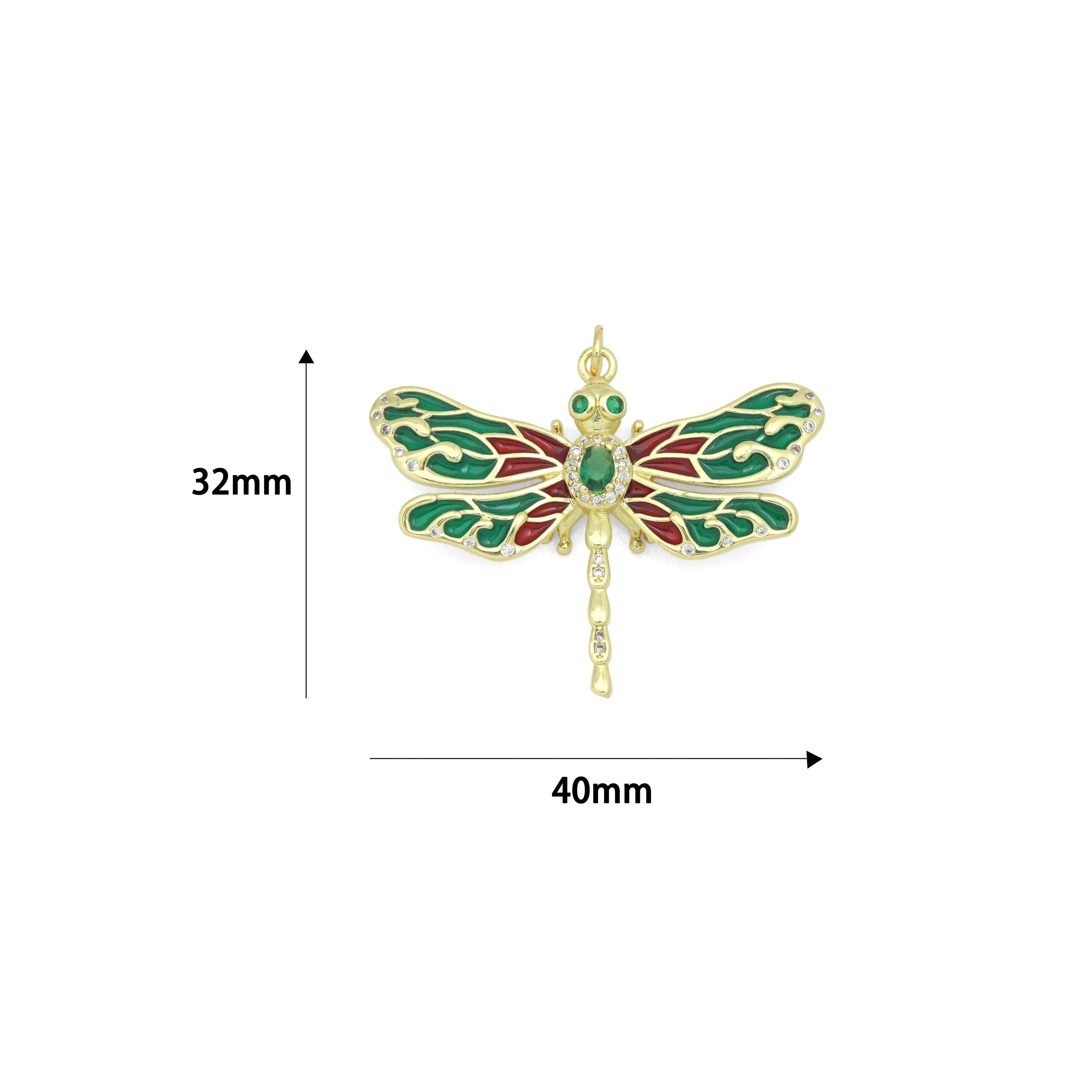 Colorful Enamel Dragonfly Shape Pendant,18K Gold Filled Fuchsia CZ Micro Pave Dragonfly Charm, Necklace Bracelet Charm Pendant, Sku#LK573
