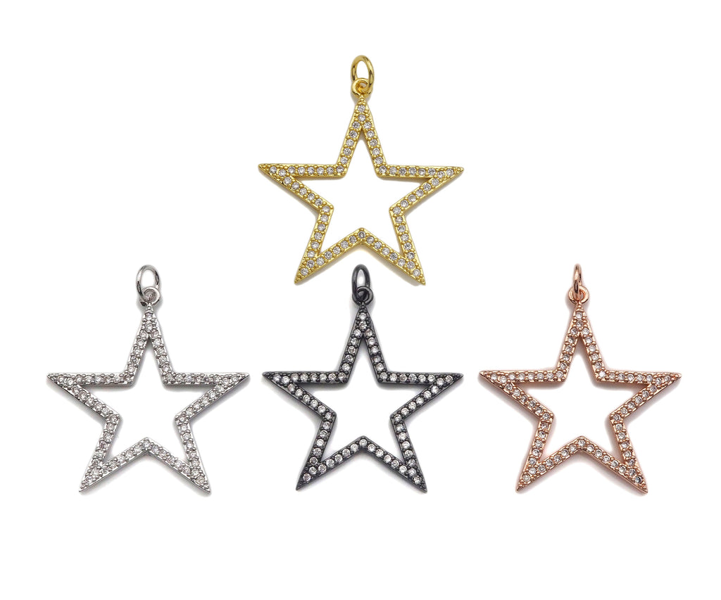 Gold Five Point Star Shape Pendant,  Frame Star Charm, Pave Star Pendant, Gold plated, 27mm, Sku#LK81