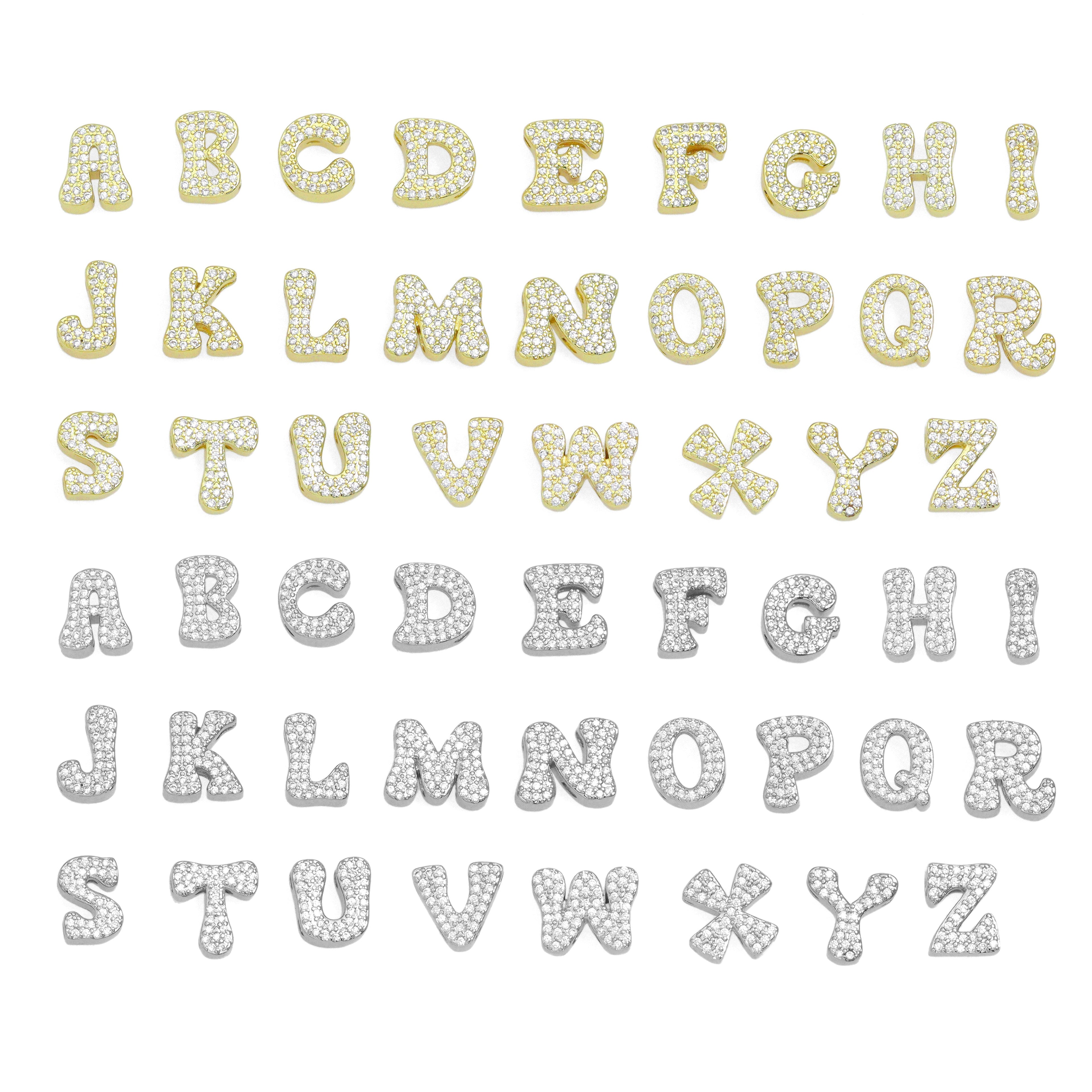Gold Silver CZ Gold Alphabet Initial Letter Charm Pendant Bead,Sku#LX888
