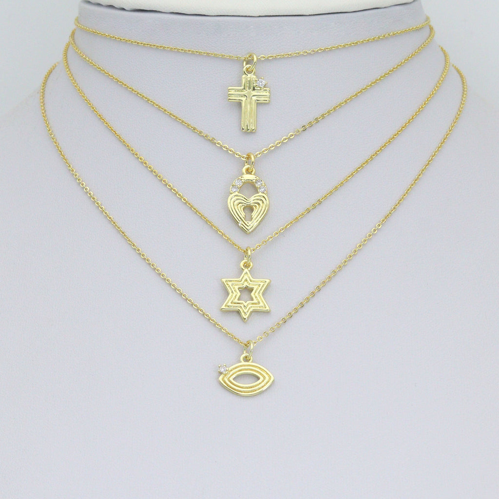 Clear CZ Gold Groovy Heart lock, Star of David, Cross EYE Shape Charm Pendant, Sku#LX940