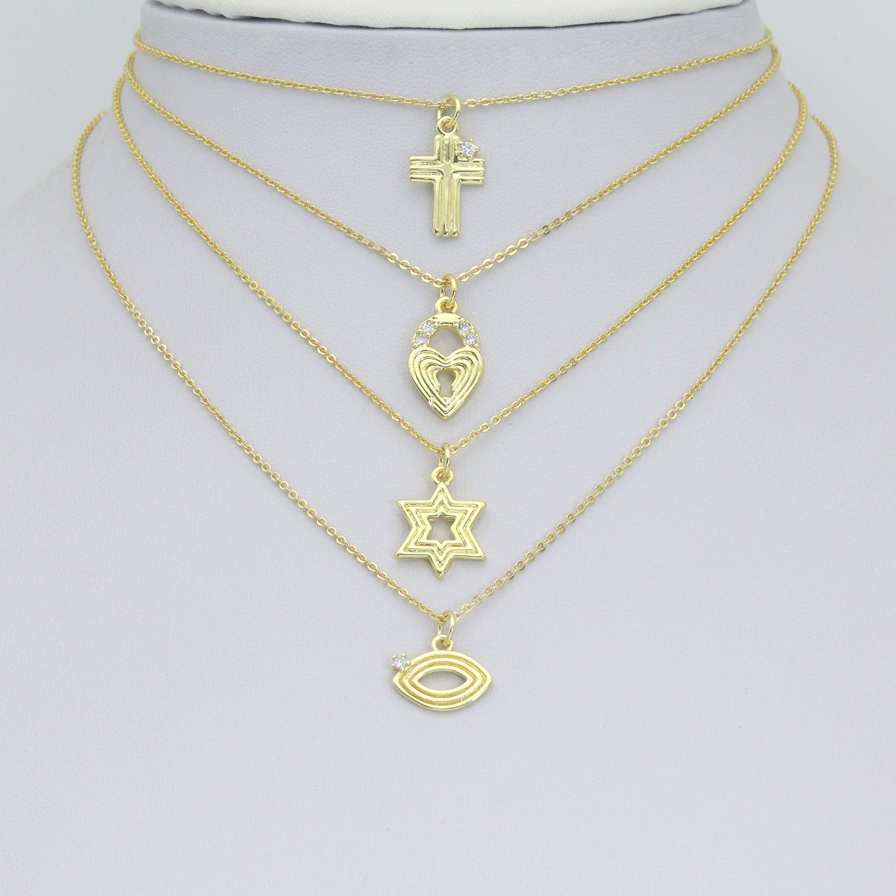 Clear CZ Gold Groovy Heart lock, Star of David, Cross EYE Shape Charm Pendant, Sku#LX940