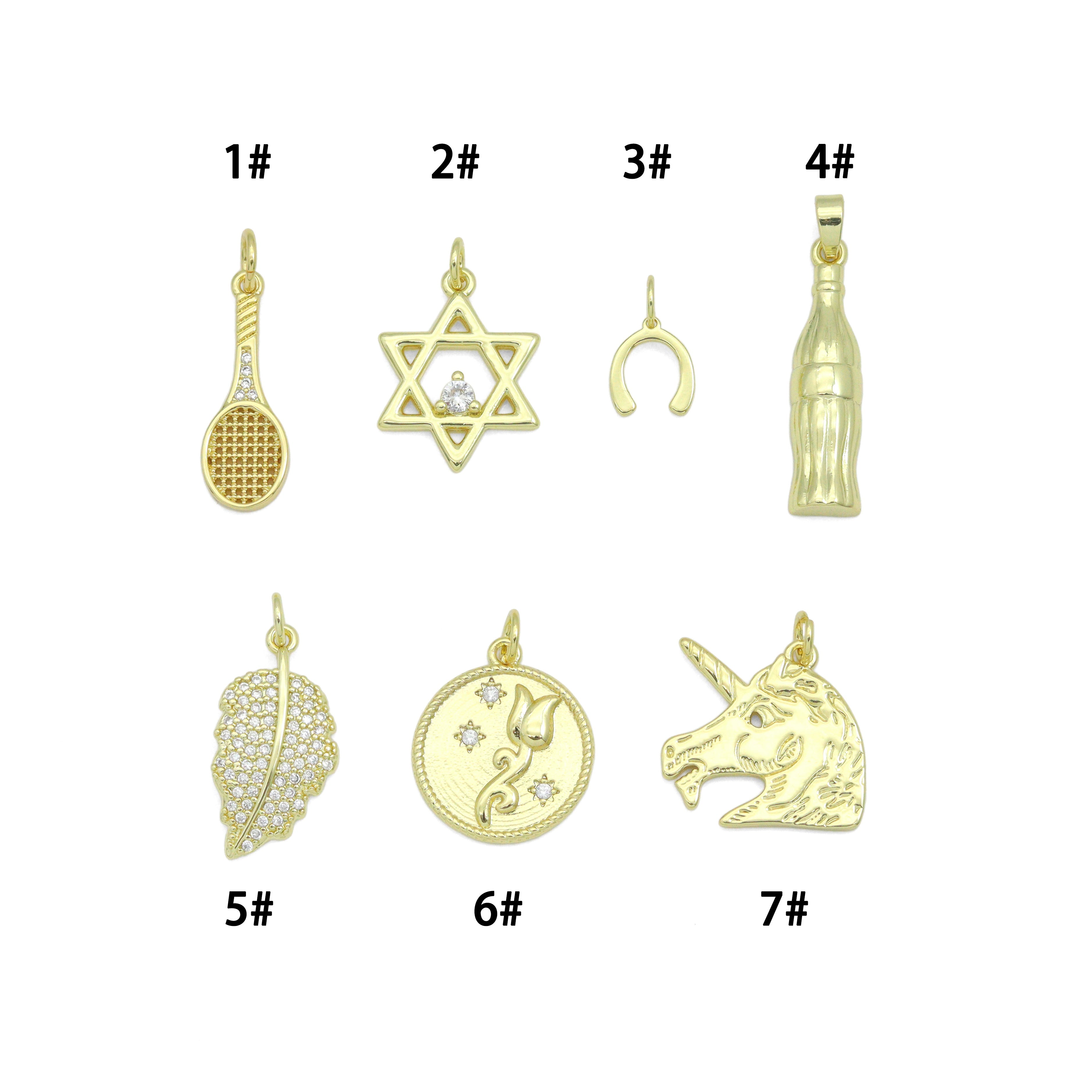 Clear CZ Tennis Racket, Star of David, Horse Shoe, Soda bottle, Gold Leaf, Rose Coin, Unicorn Charm Pendant, Sku#LX942
