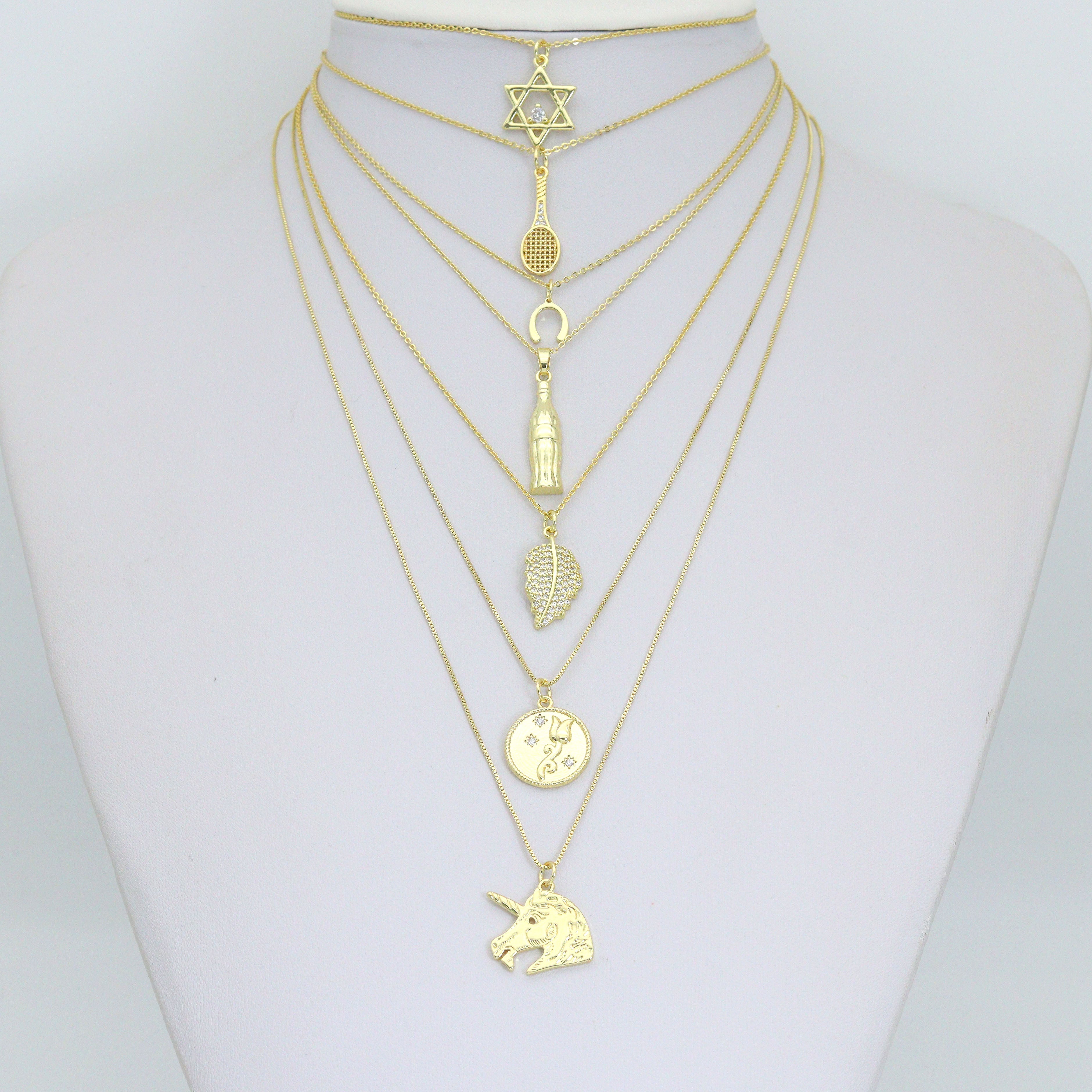 Clear CZ Tennis Racket, Star of David, Horse Shoe, Soda bottle, Gold Leaf, Rose Coin, Unicorn Charm Pendant, Sku#LX942