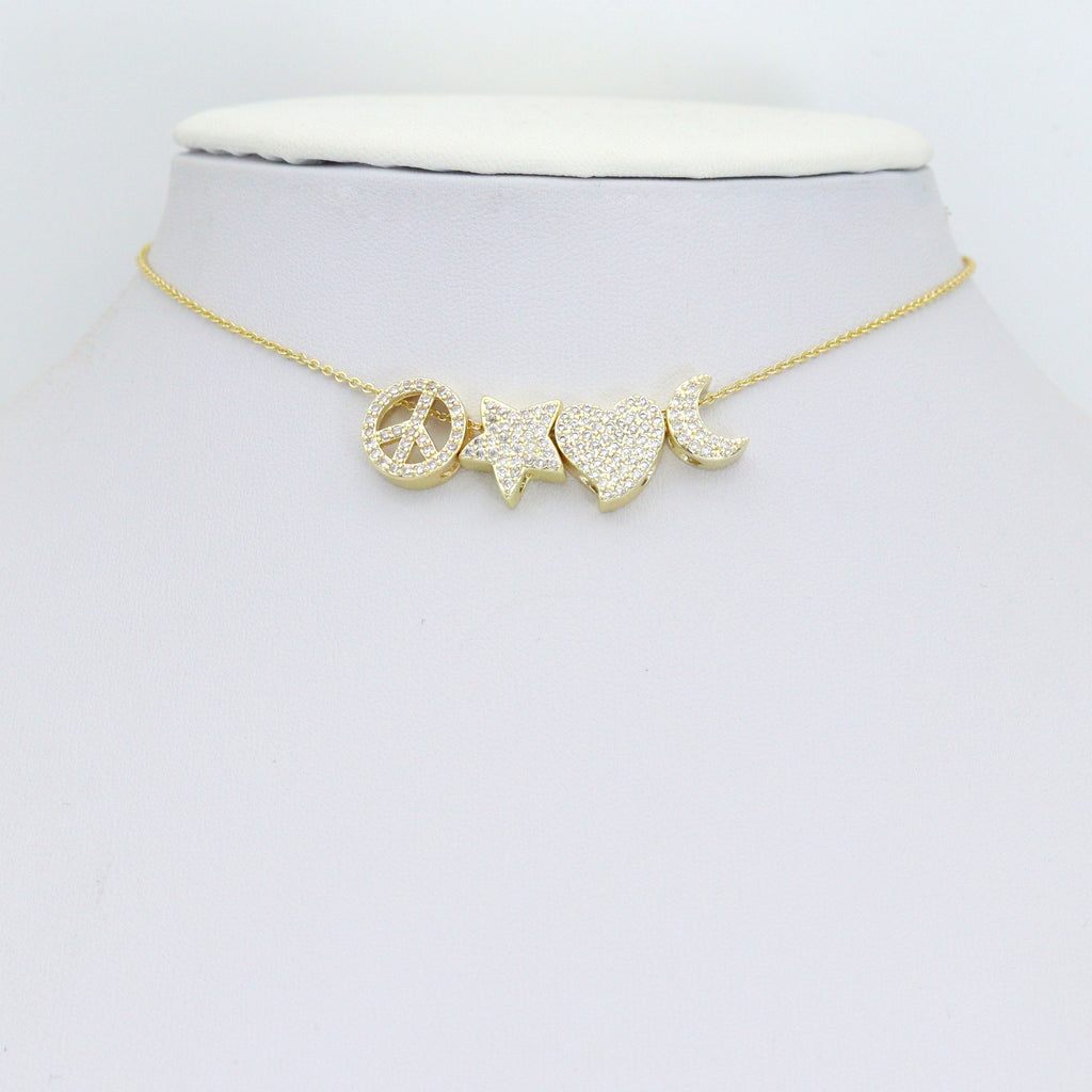 Clear CZ Gold Silver Heart Star Cresent Moon peace sign spacer beads Charm Pendant, Sku#LX945