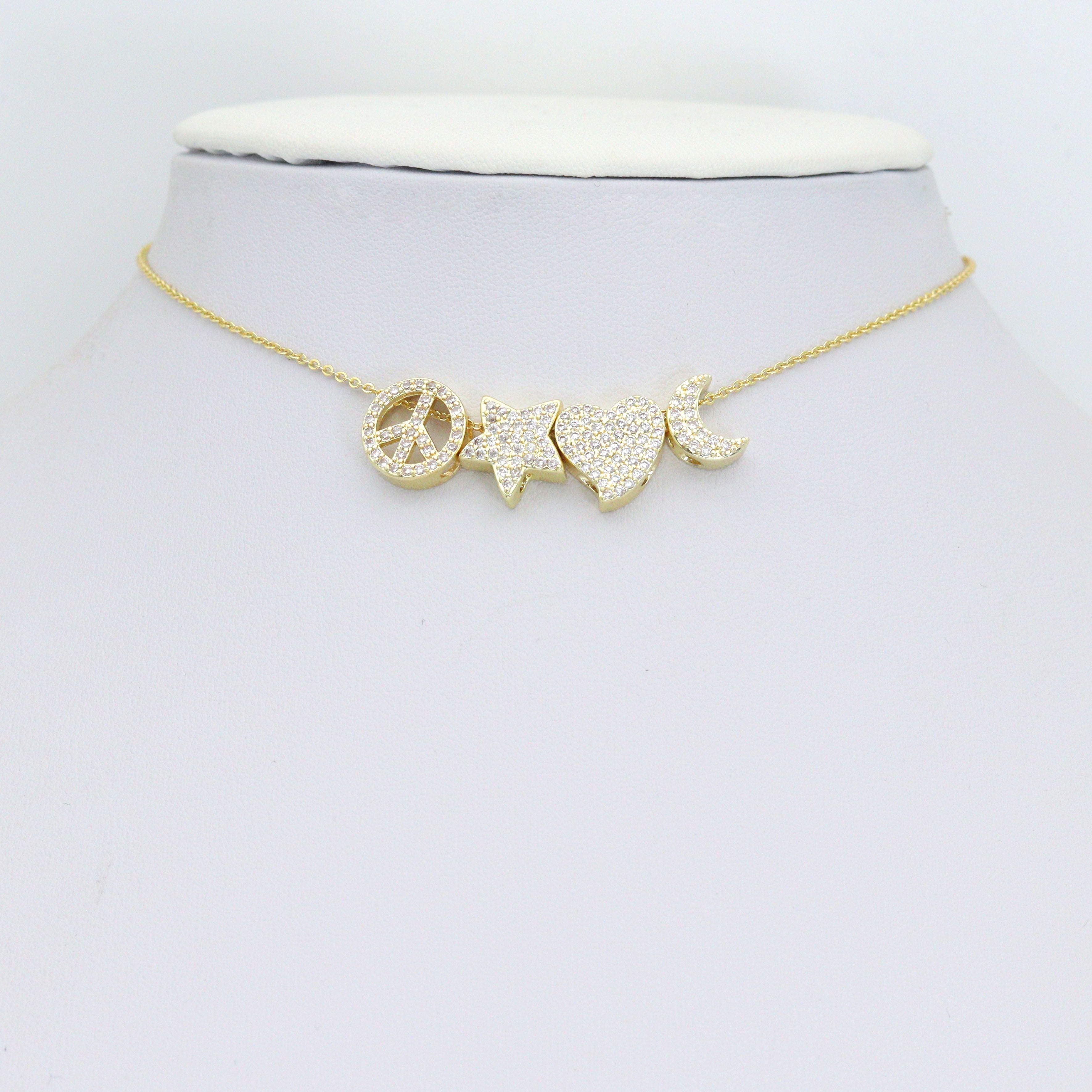 Clear CZ Gold Silver Heart Star Cresent Moon peace sign spacer beads Charm Pendant, Sku#LX945