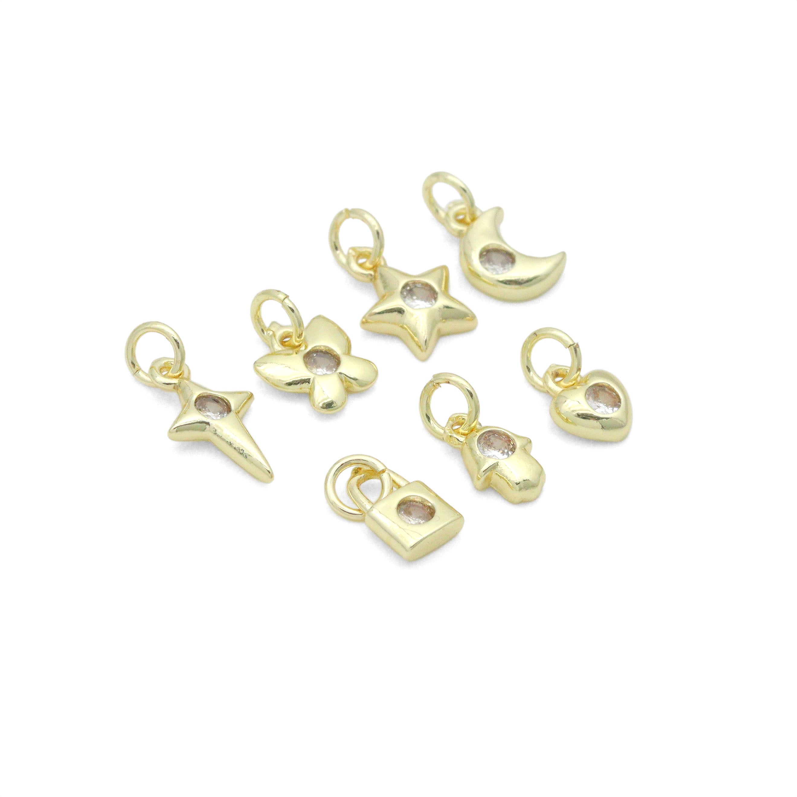 Clear CZ Gold Silver Star Butterfly Cresent Moon Lock Heart Charm Pendant, Sku#LX950