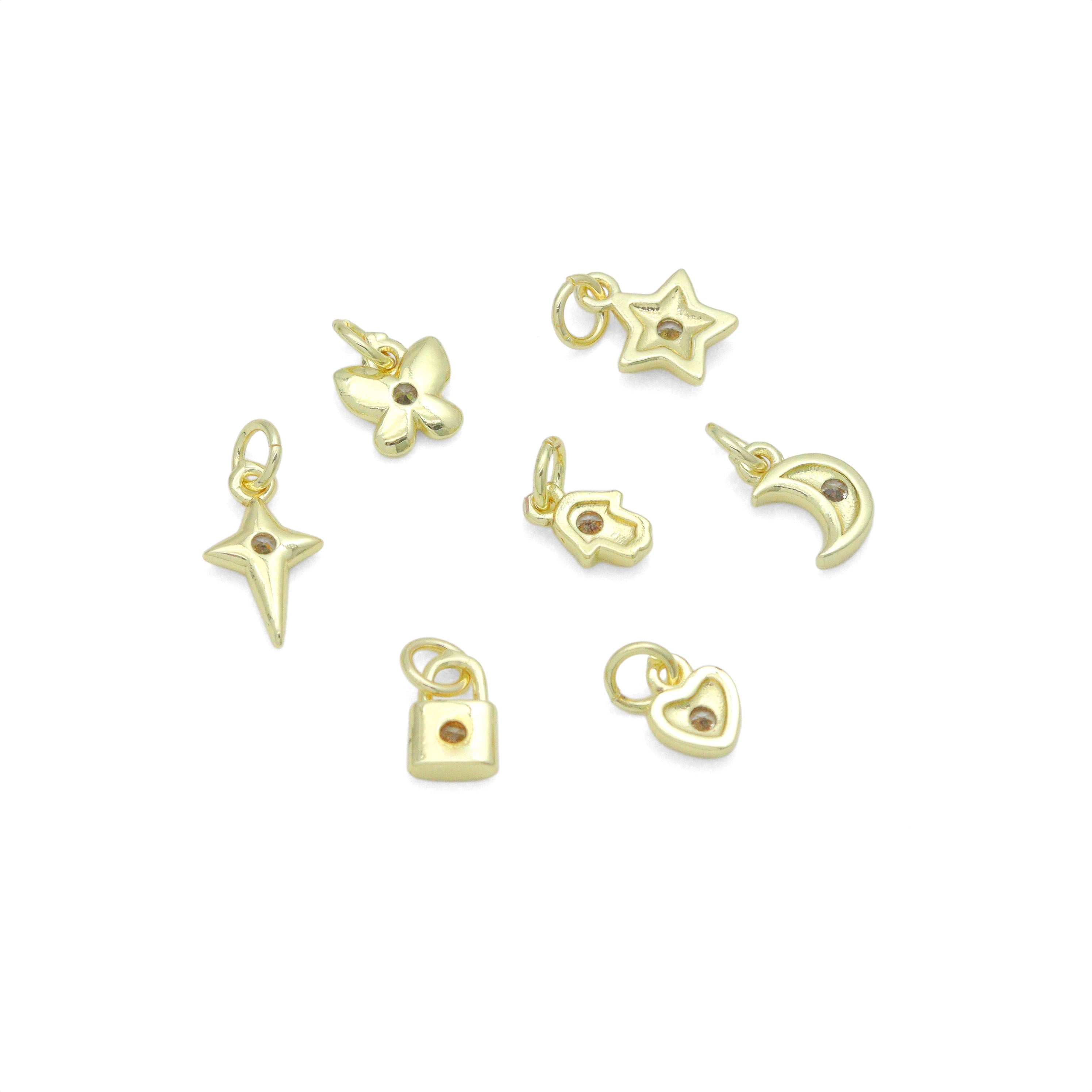 Clear CZ Gold Silver Star Butterfly Cresent Moon Lock Heart Charm Pendant, Sku#LX950