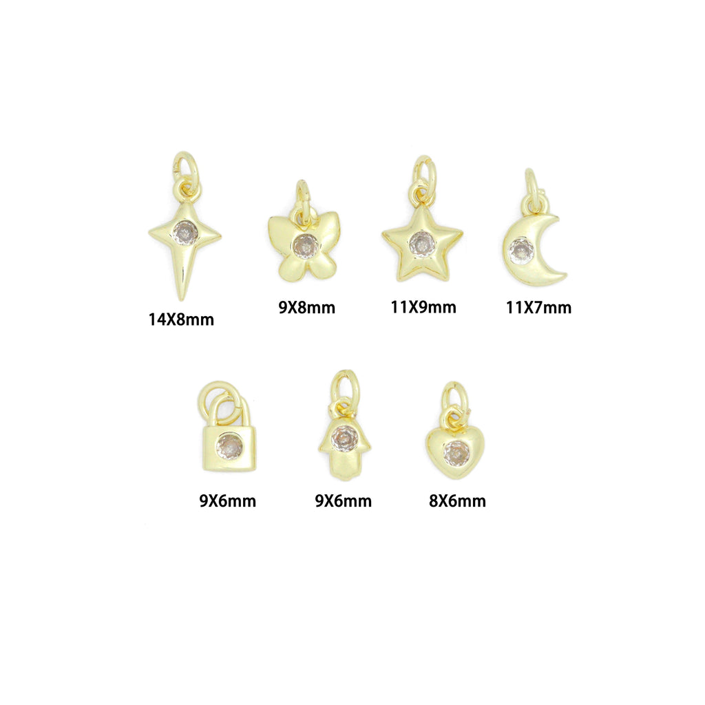 Clear CZ Gold Silver Star Butterfly Cresent Moon Lock Heart Charm Pendant, Sku#LX950