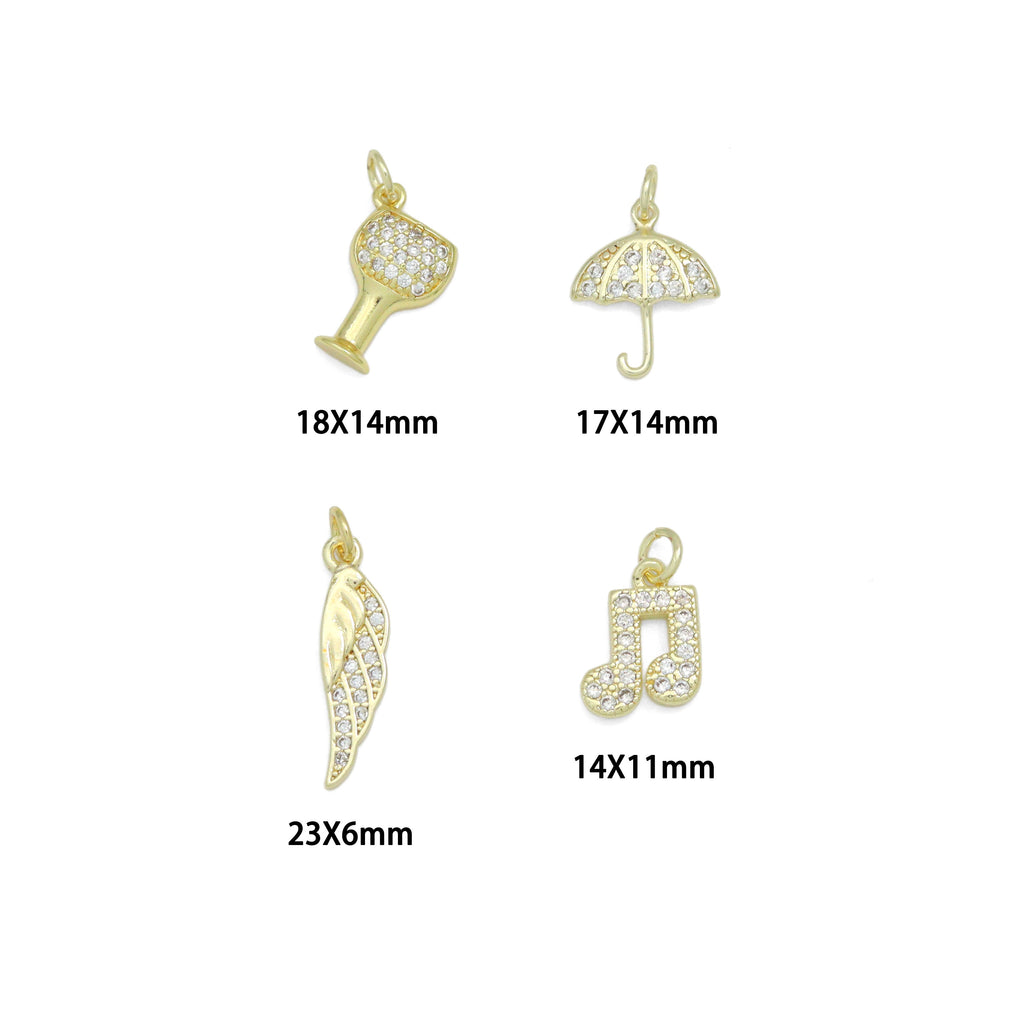 Clear CZ Gold Silver Wine Glass Umbrella Wing Music Note Charm Pendant, Sku#LX951