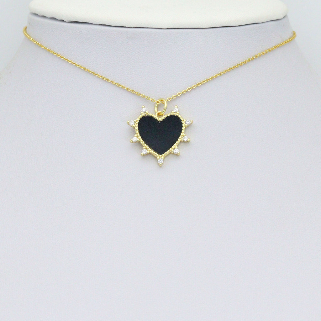 Gold Sunburst Spike Heart Pendant Collection – White, Black, Red & Turquoise, Sku#LX954