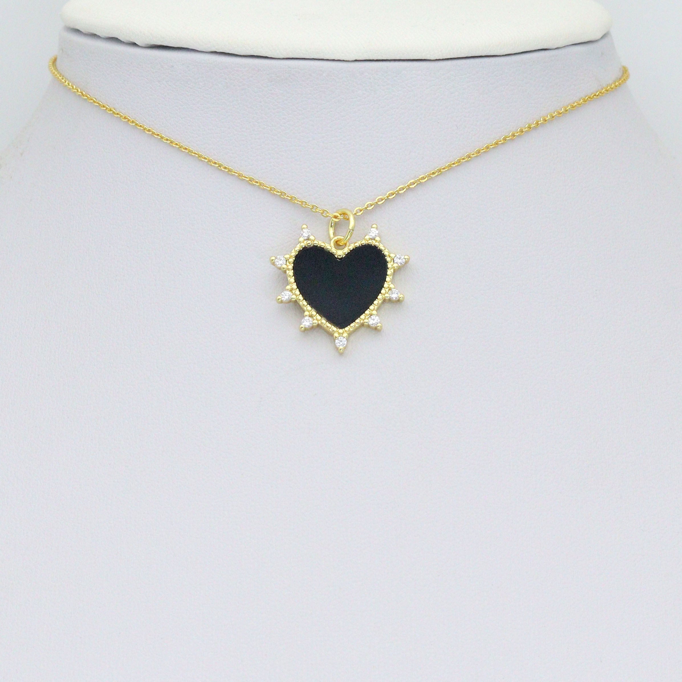 Gold Sunburst Spike Heart Pendant Collection – White, Black, Red & Turquoise, Sku#LX954