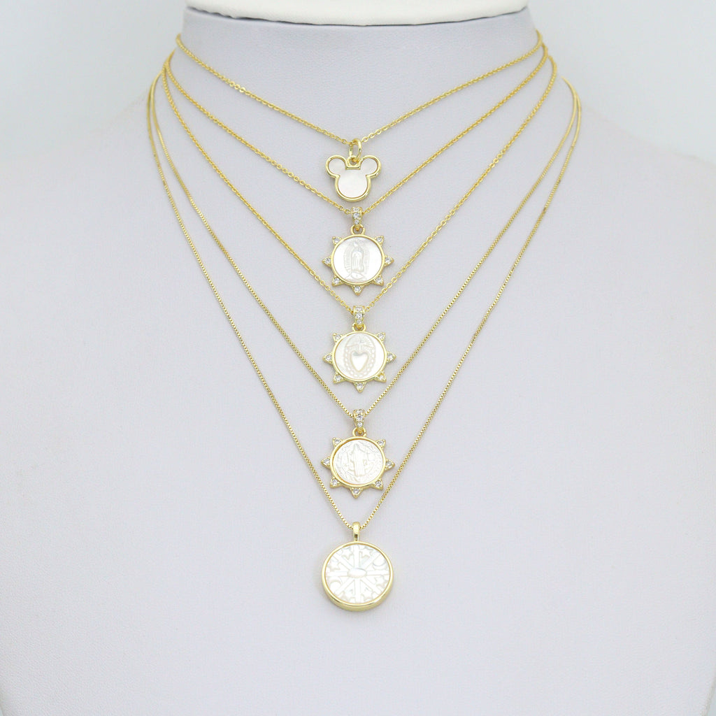 Gold Mother of Pearl Pendant Collection – Mouse Snowflake & Religious Designs, Sku#LX957