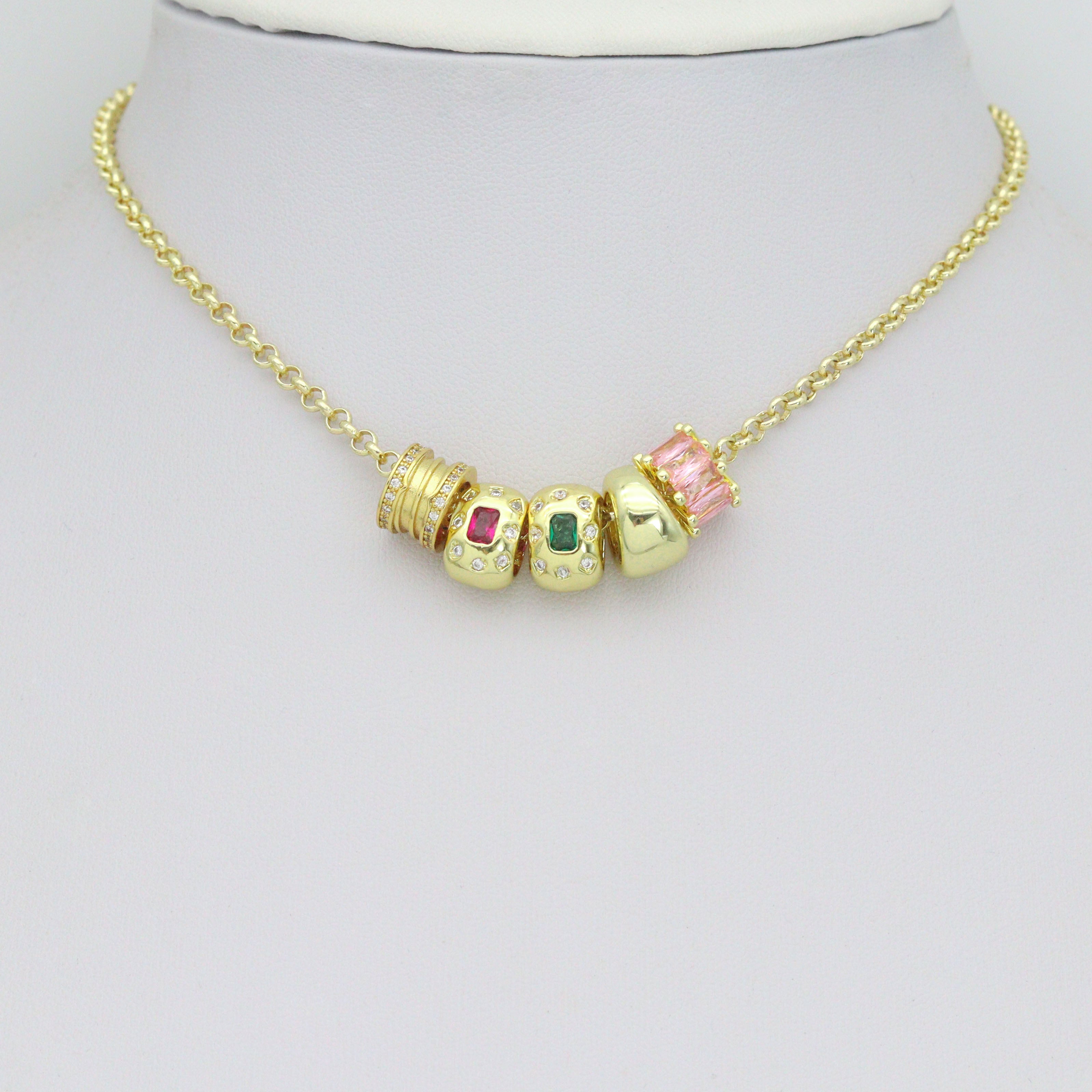 Pink Green CZ Gold Large Hole Oval Spacer Beads Charm Pendant, Sku#LX967