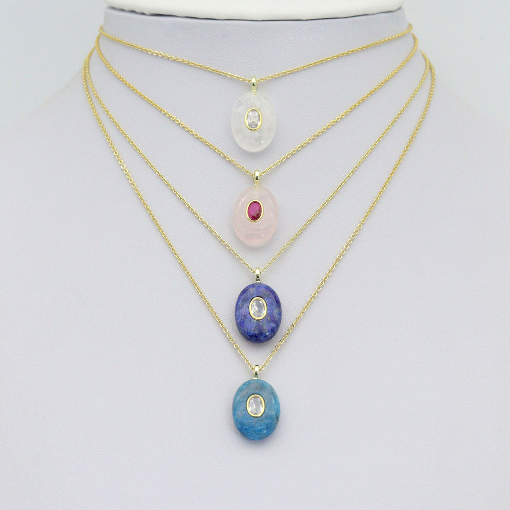 Natural Gemstone Charm Pendant-Quartz, Rose Quartz, Lapis, Blue Apatite, Sku#LY32