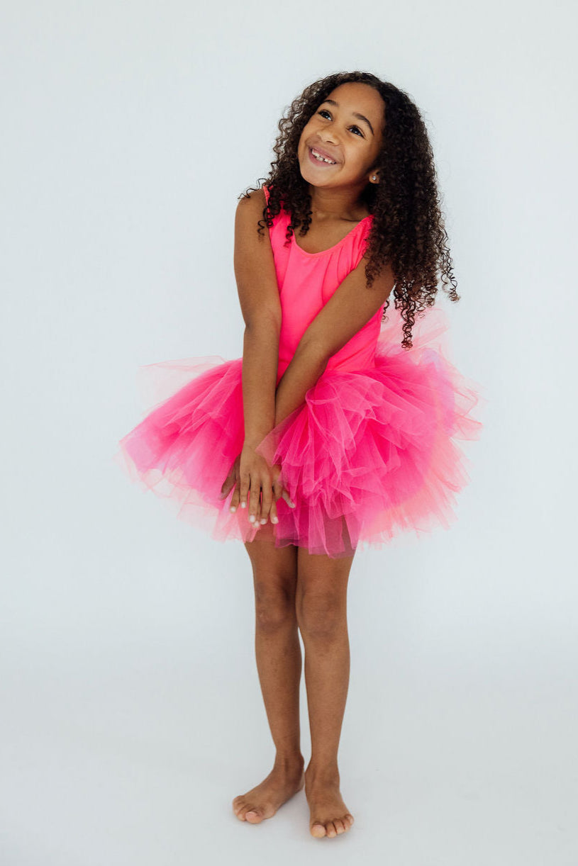 Justaucorps Tutu Bretelles Rose Fluo