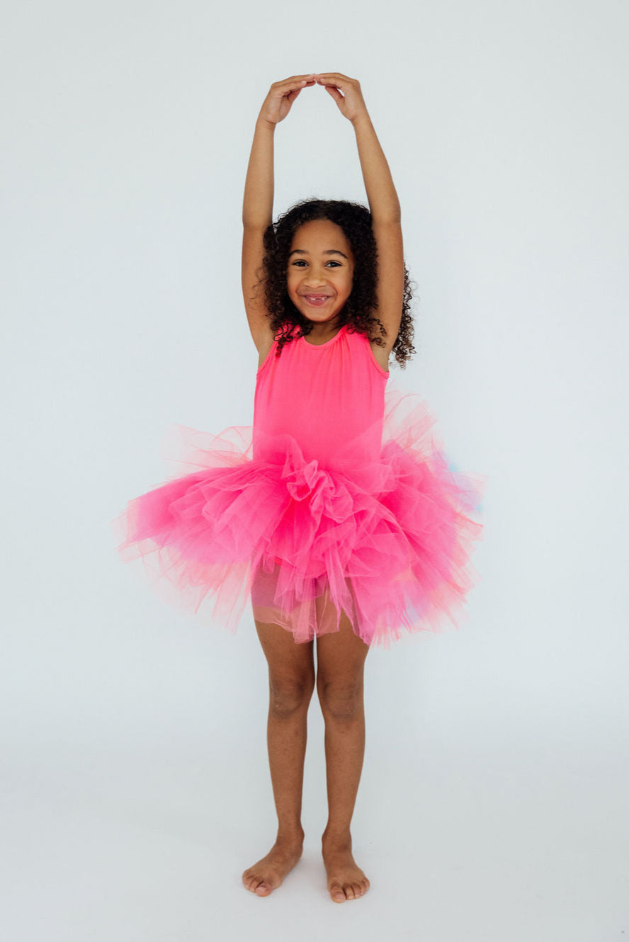 Justaucorps Tutu Bretelles Rose Fluo