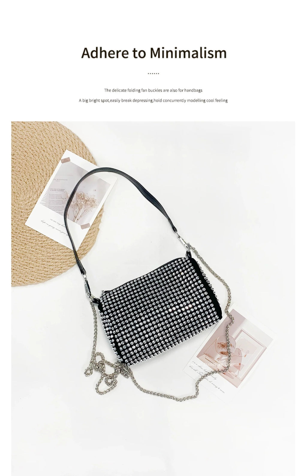 Nouveauté Sac carré tendance en strass | Sac sous le bras entièrement orné de diamants et petit sac à main à bandoulière pour femme (style japonais et coréen)