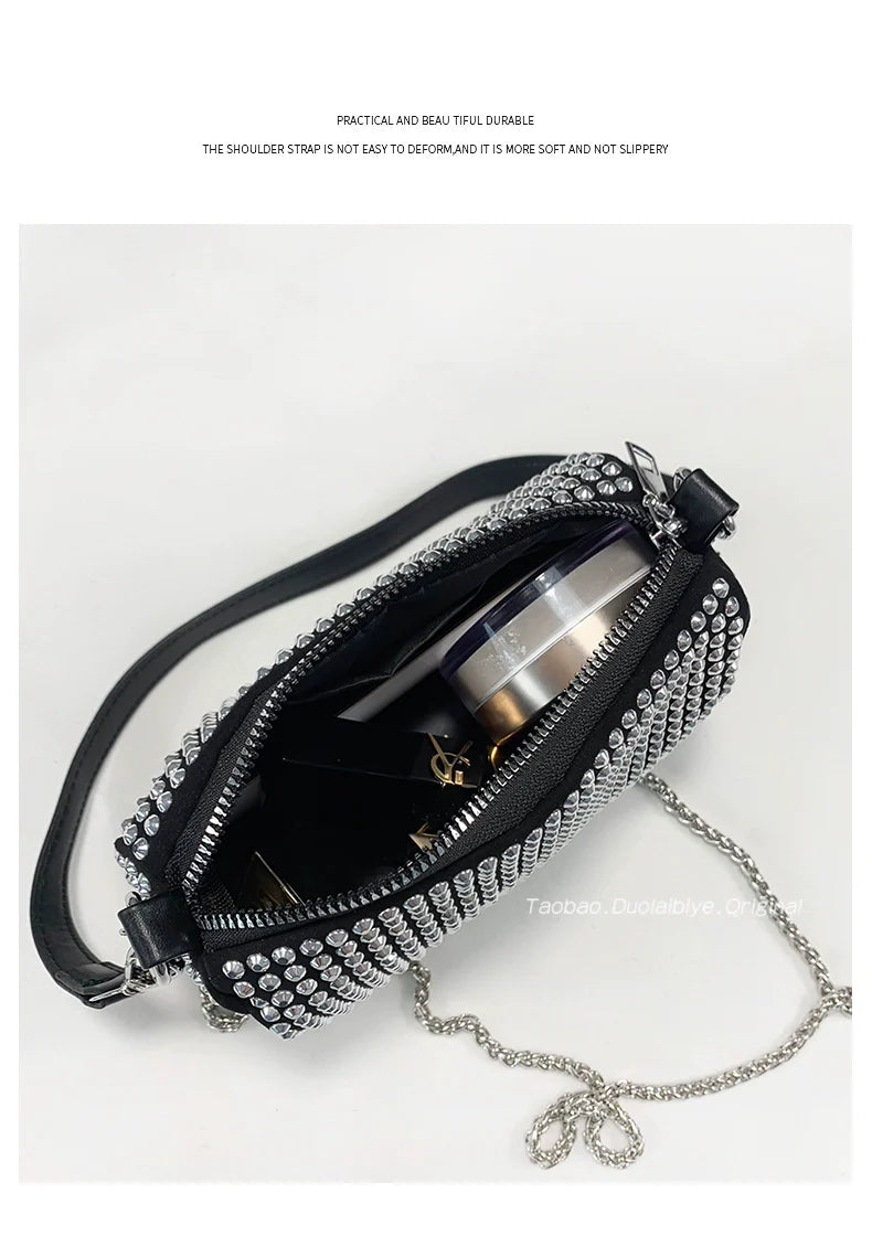 Nouveauté Sac carré tendance en strass | Sac sous le bras entièrement orné de diamants et petit sac à main à bandoulière pour femme (style japonais et coréen)