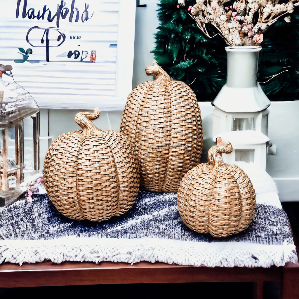 Rattan Resin Pumpkins Fall Decor - Set Or Single, 3 Sizes, Honey Cognac