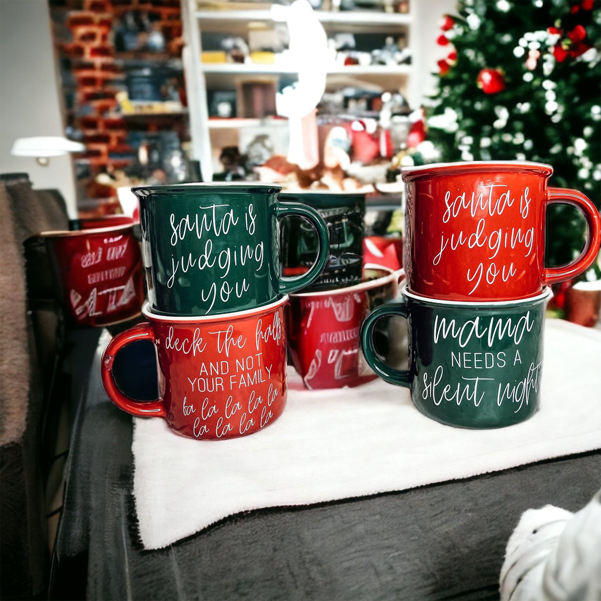 Naughty And Nice Coffee Mug Ceramic Campfire Style 14.5oz Red Or Green Double Side Design