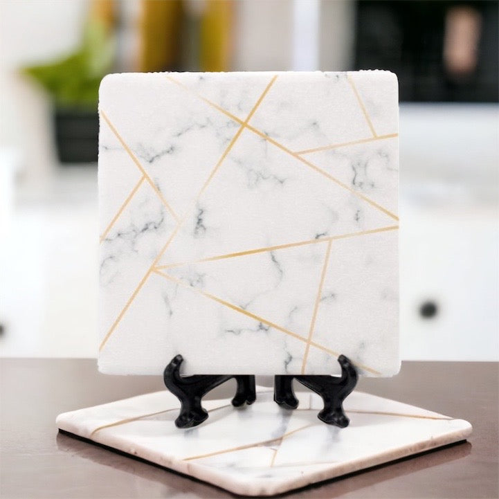 Golden Geometric Ceramic Coaster 4 Inch Cork Back Modern Thirsty Coaster Single Or Set