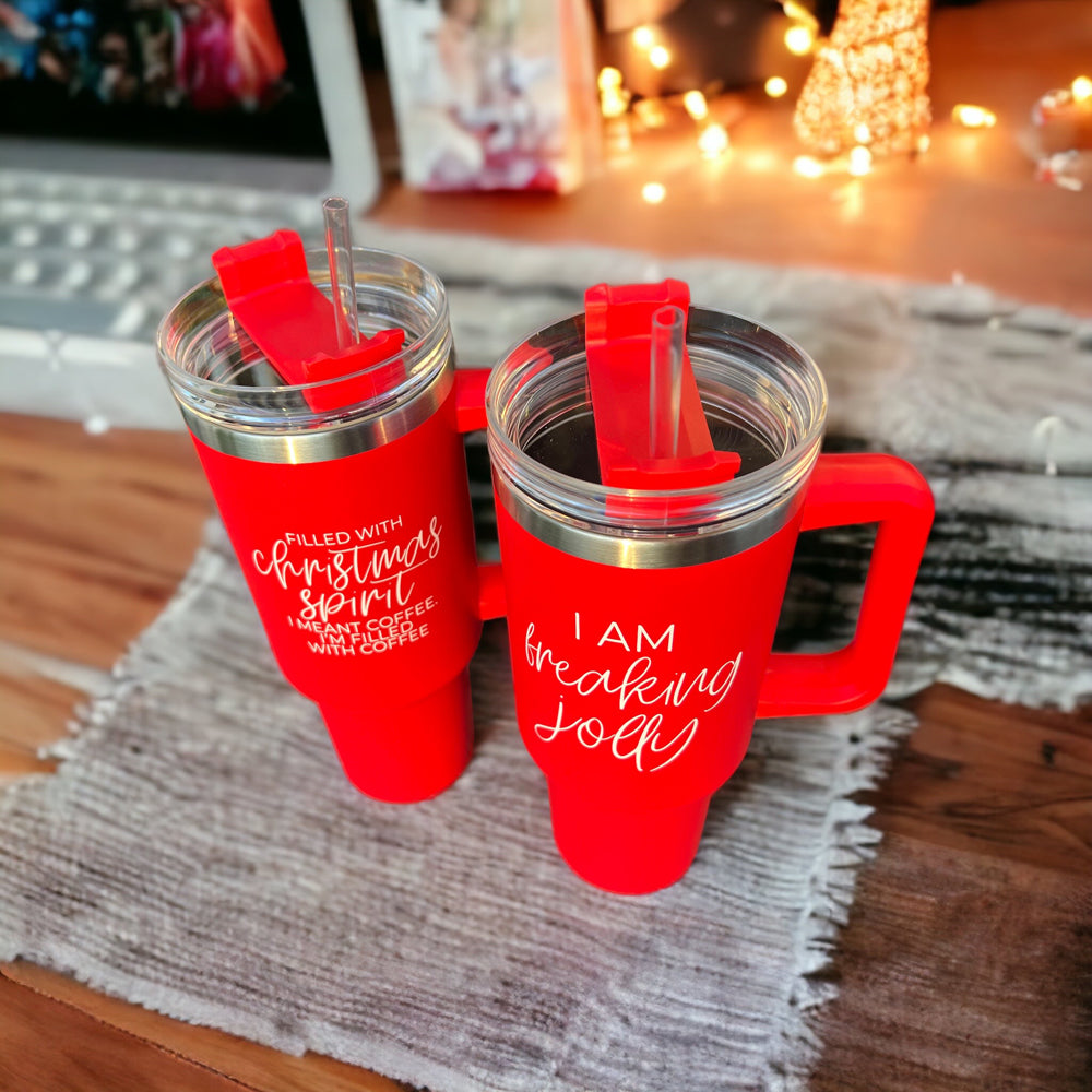 Christmas Coffee Tumbler 40oz Insulated Travel Mug With Handle Lid Straw Red