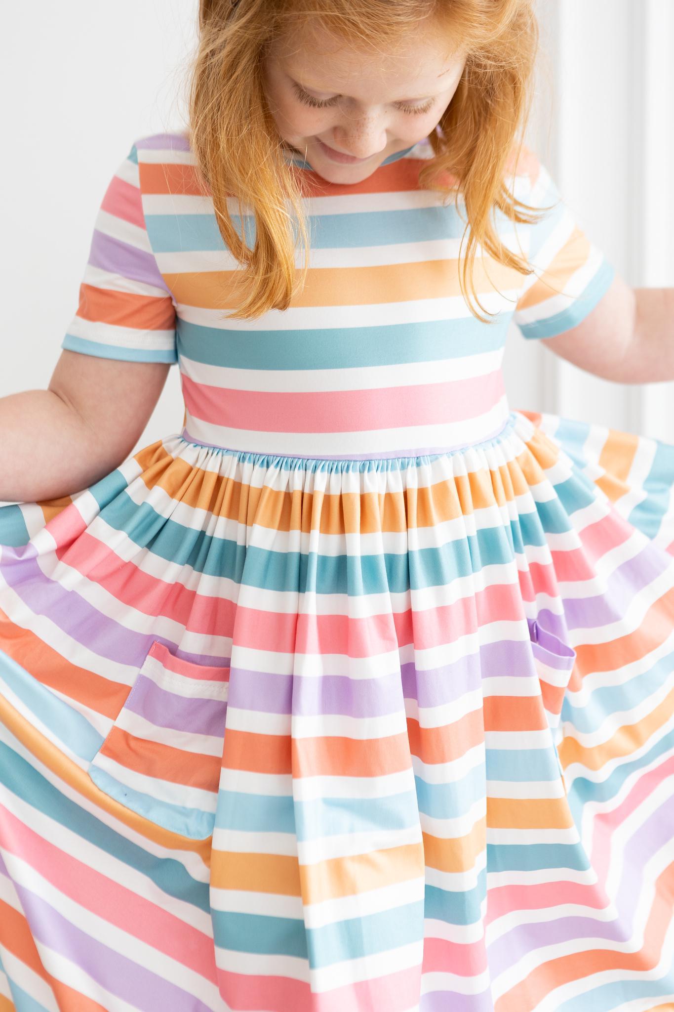 Robe Virevoltante Printemps Rayures Manches Courtes à Poches