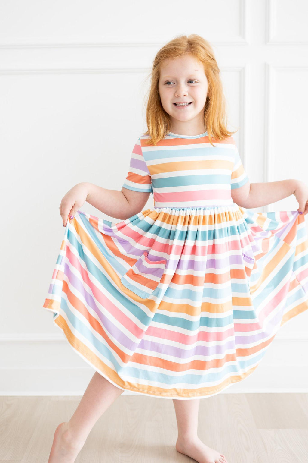 Robe Virevoltante Printemps Rayures Manches Courtes à Poches