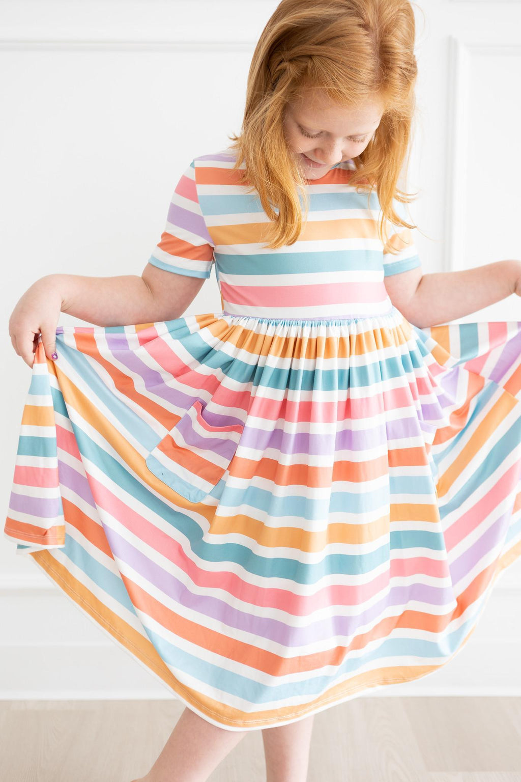 Robe Virevoltante Printemps Rayures Manches Courtes à Poches