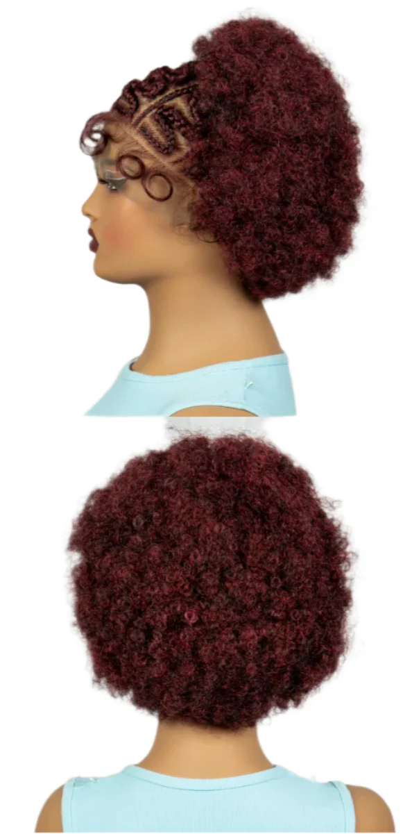 Perruque bob tressée afro bouclée bordeaux | Dentelle 13x6 | Cheveux de bébé | Boucles rebondissantes