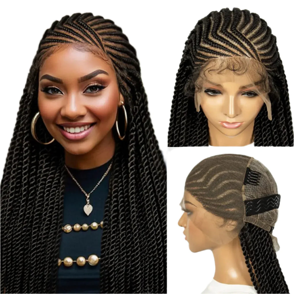 Perruque tressée de 32 pouces avec tresses collées | Tresses individuelles en dentelle complète | Perruque Lace Front transparente pour femmes noires