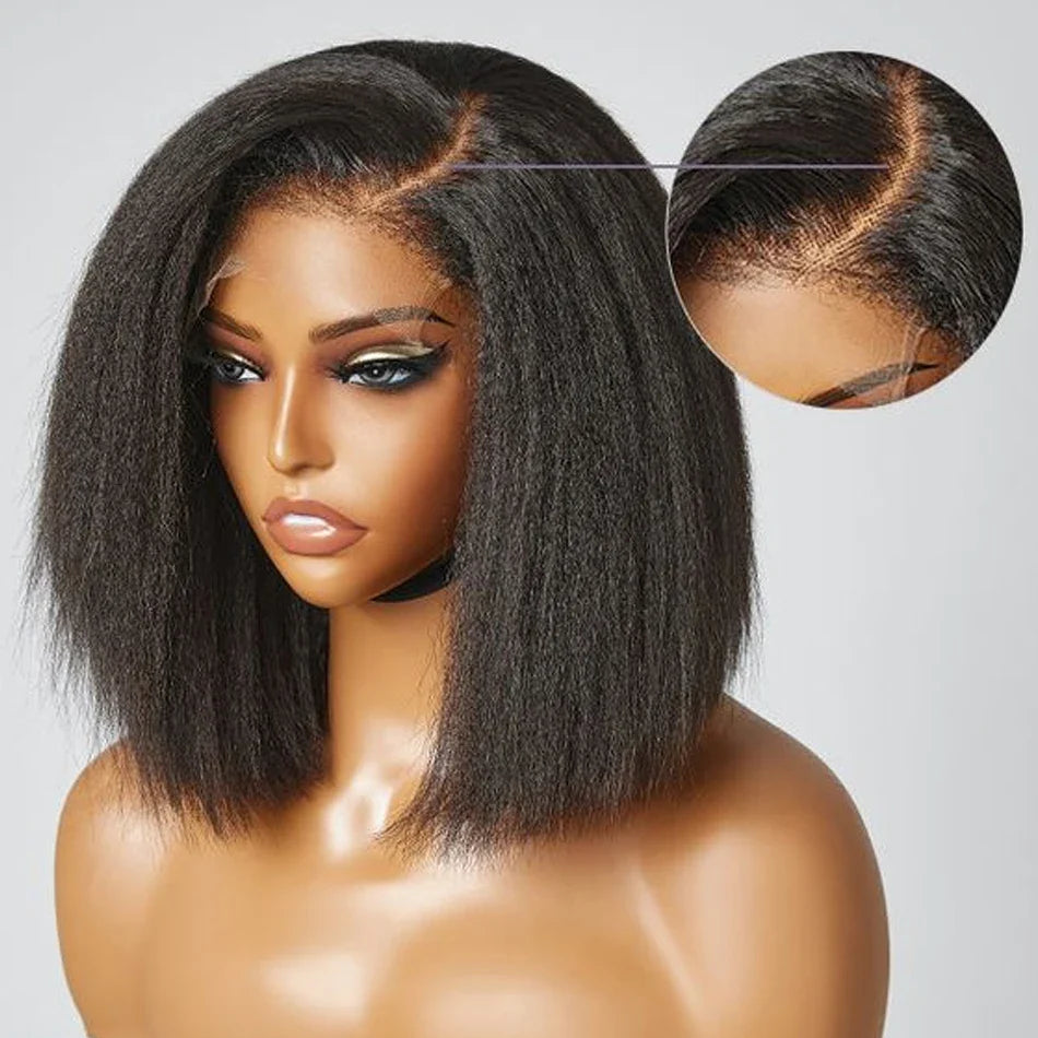 Perruque bob droite crépue sans colle 13x4 | Prête à porter | Cheveux brésiliens Remy | Dentelle transparente HD