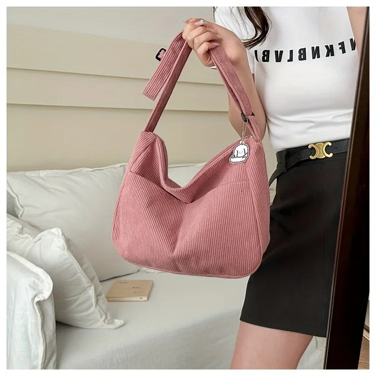 Sac à bandoulière en velours côtelé pour femme | Grand cabas décontracté rayé avec fermeture éclair (écusson chapeau mignon, usage quotidien)