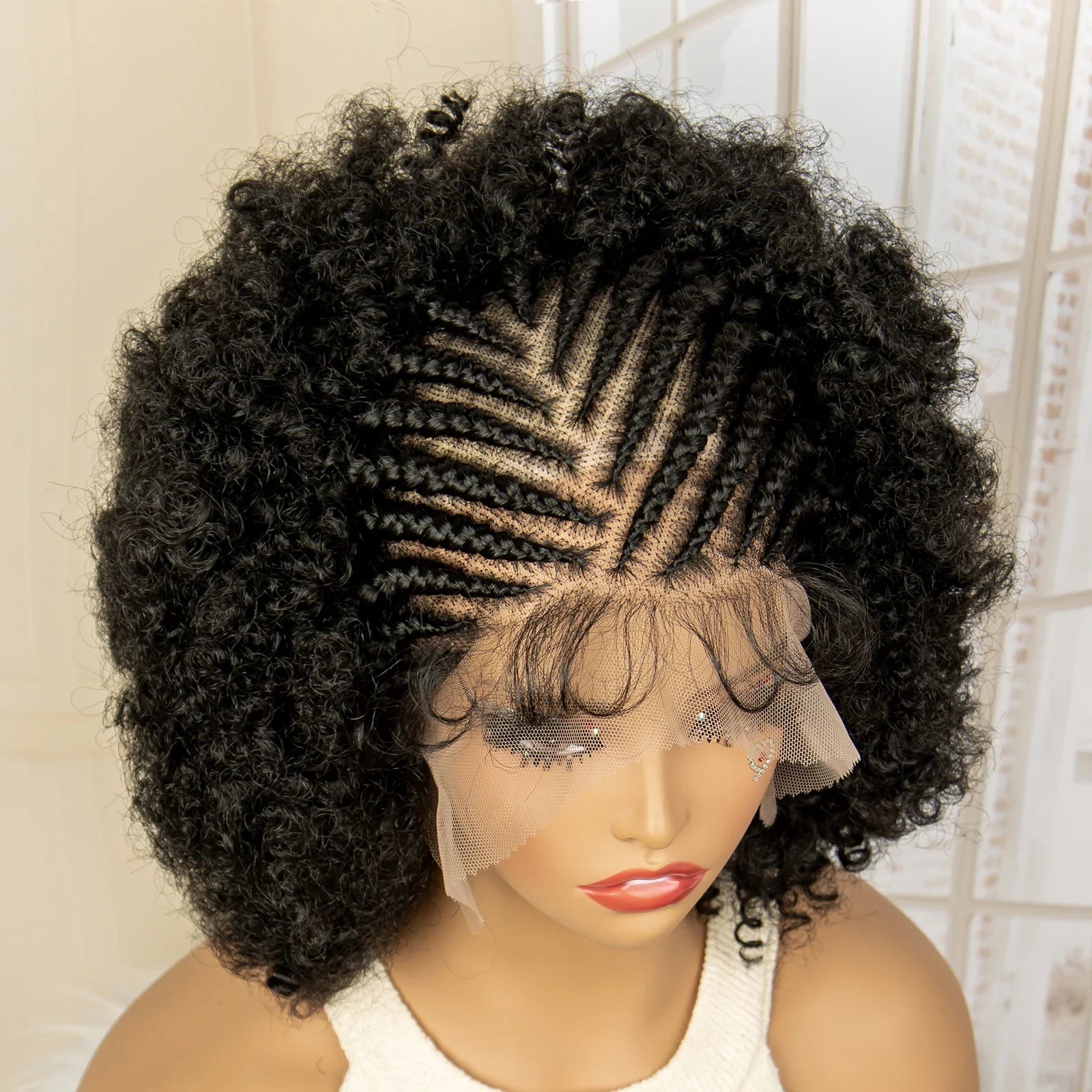 Perruque tressée afro en dentelle complète de qualité supérieure - Perruque tressée courte de 8 pouces avec tresses kinky bouclées et cheveux de bébé - Aspect naturel