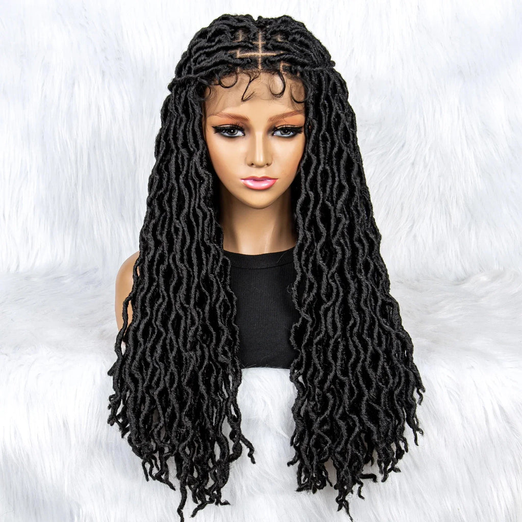Perruque tressée sans nœuds avec pointes bouclées et cheveux de bébé | Perruque synthétique Lace Front pour femmes noires