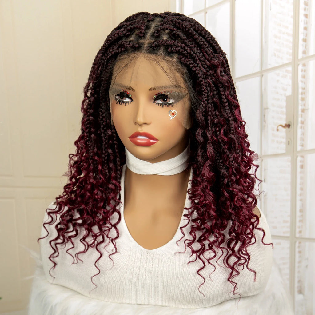 Perruque de tresses carrées bordeaux 14" | Entièrement lacée | Fibre Kanekalon | Tresses bohèmes | Pour femmes