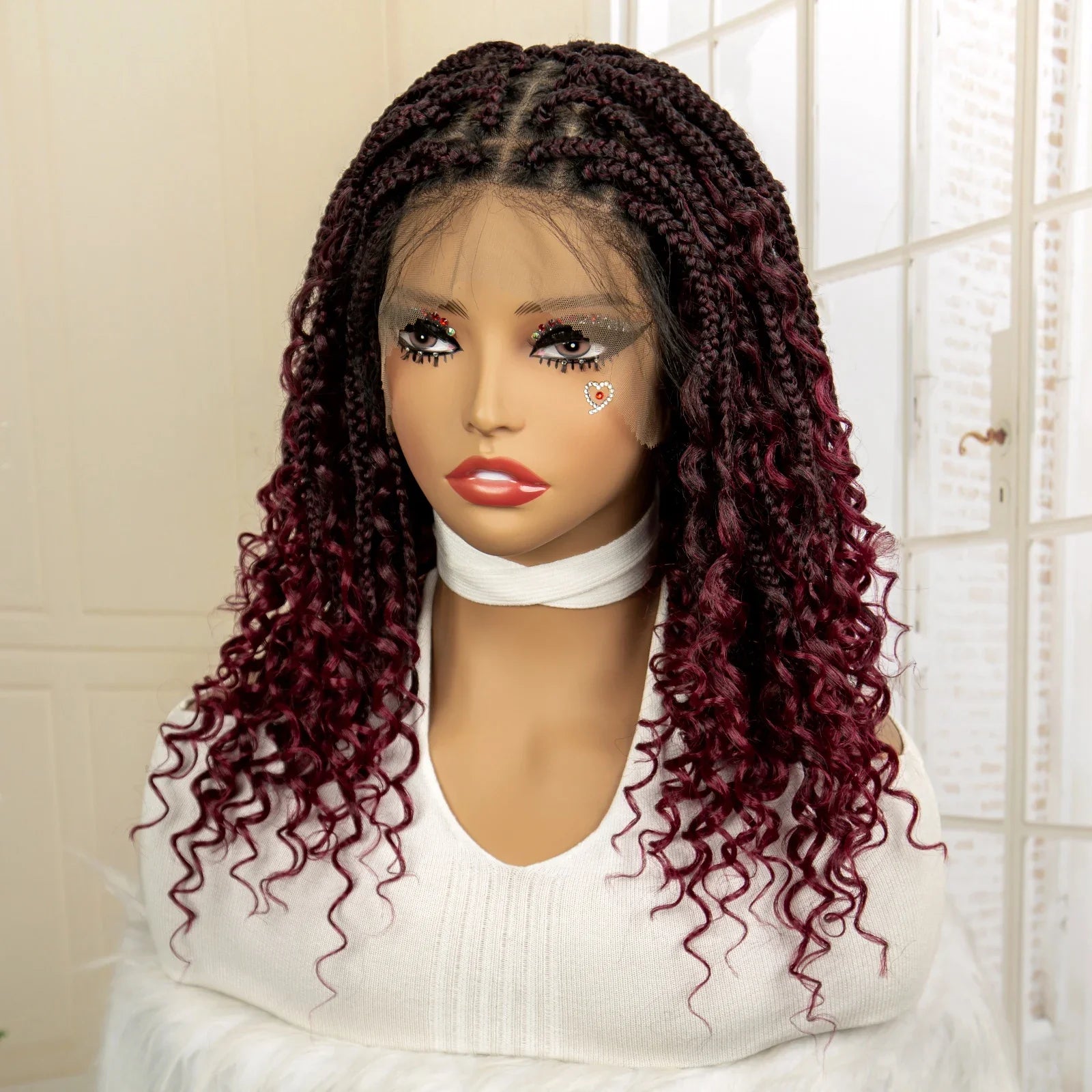 Perruque de tresses carrées bordeaux 14" | Entièrement lacée | Fibre Kanekalon | Tresses bohèmes | Pour femmes